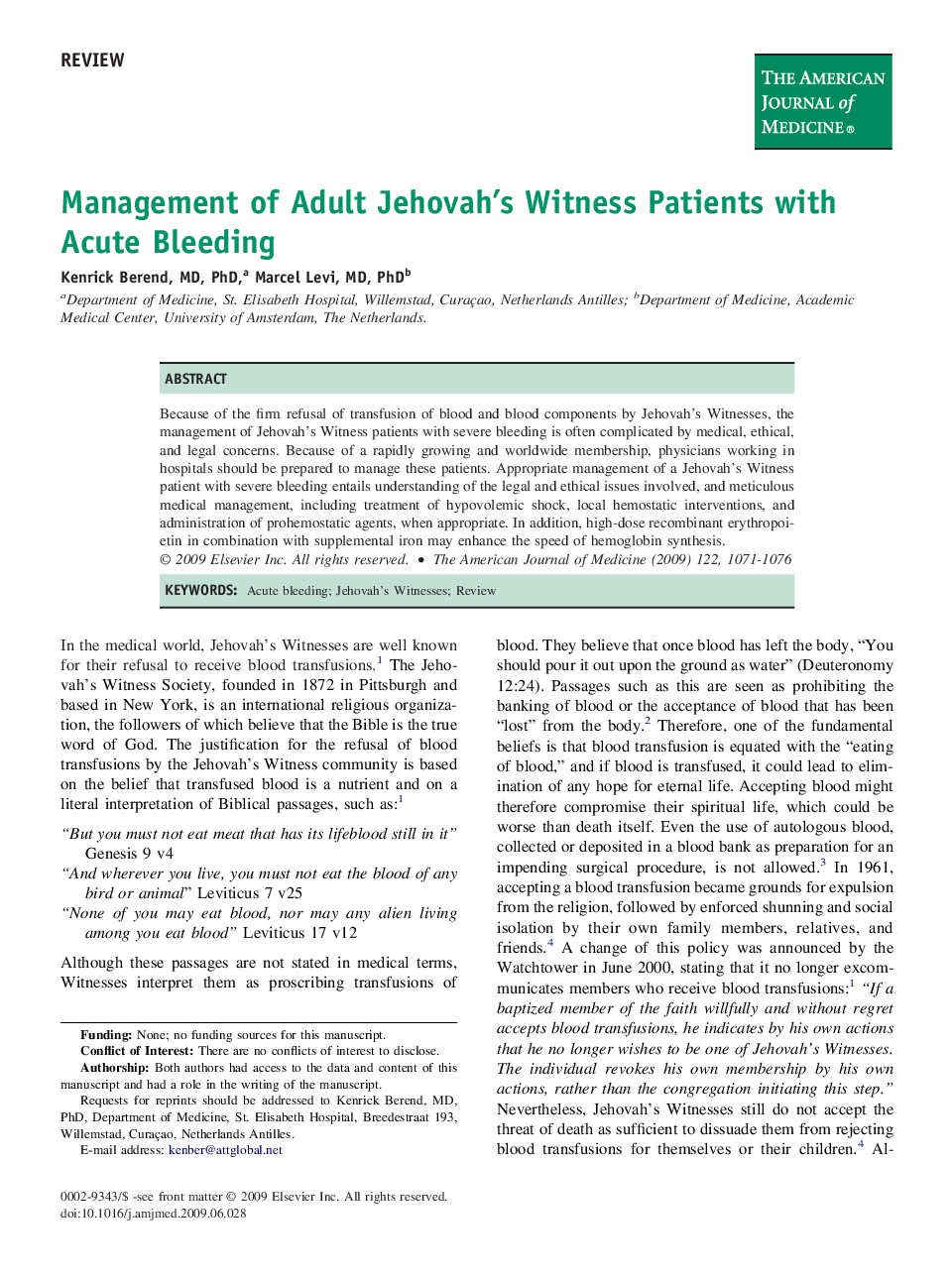 Management of Adult Jehovah's Witness Patients with Acute Bleeding 