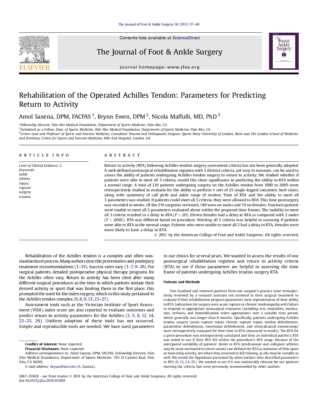 Rehabilitation of the Operated Achilles Tendon: Parameters for Predicting Return to Activity 