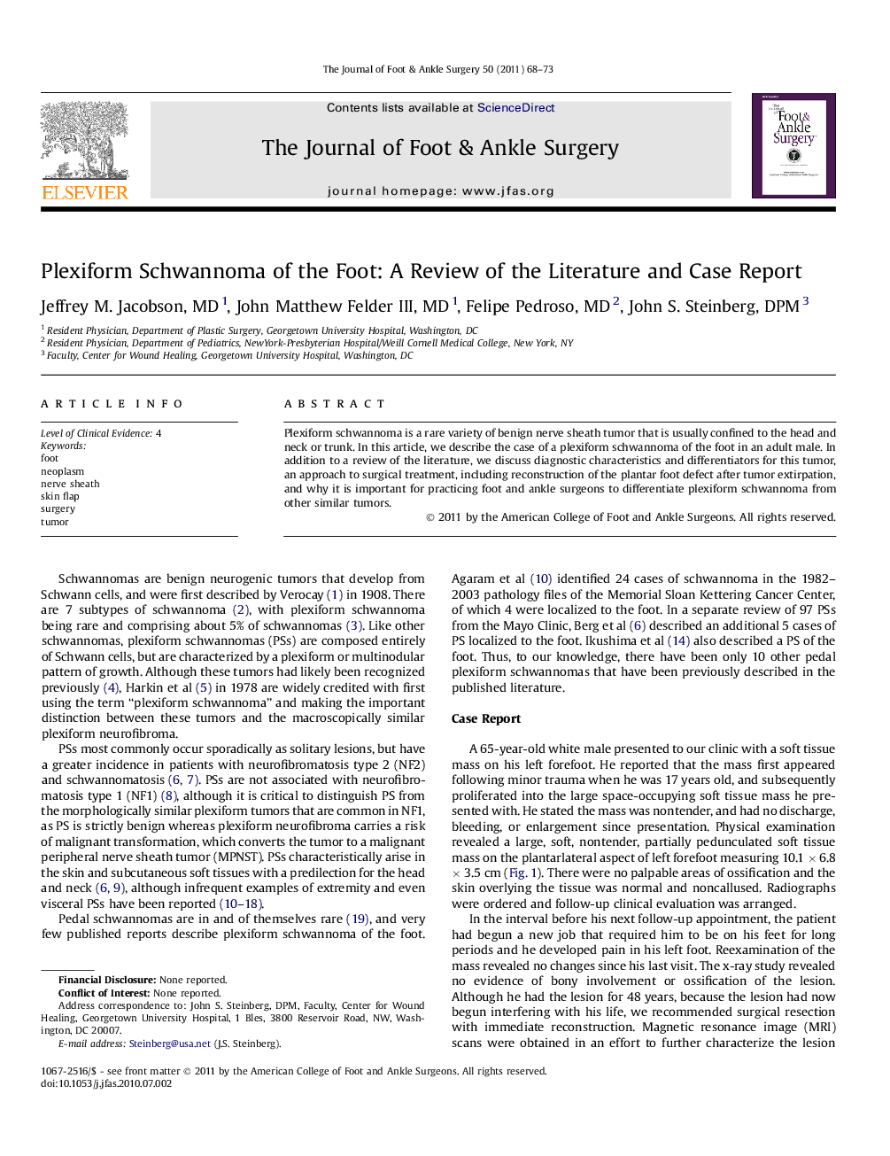 Plexiform Schwannoma of the Foot: A Review of the Literature and Case Report 