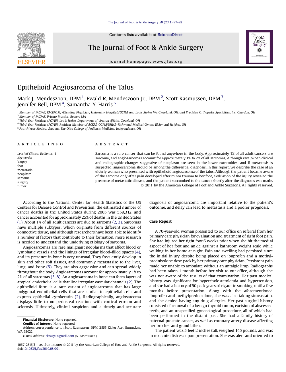 Epithelioid Angiosarcoma of the Talus