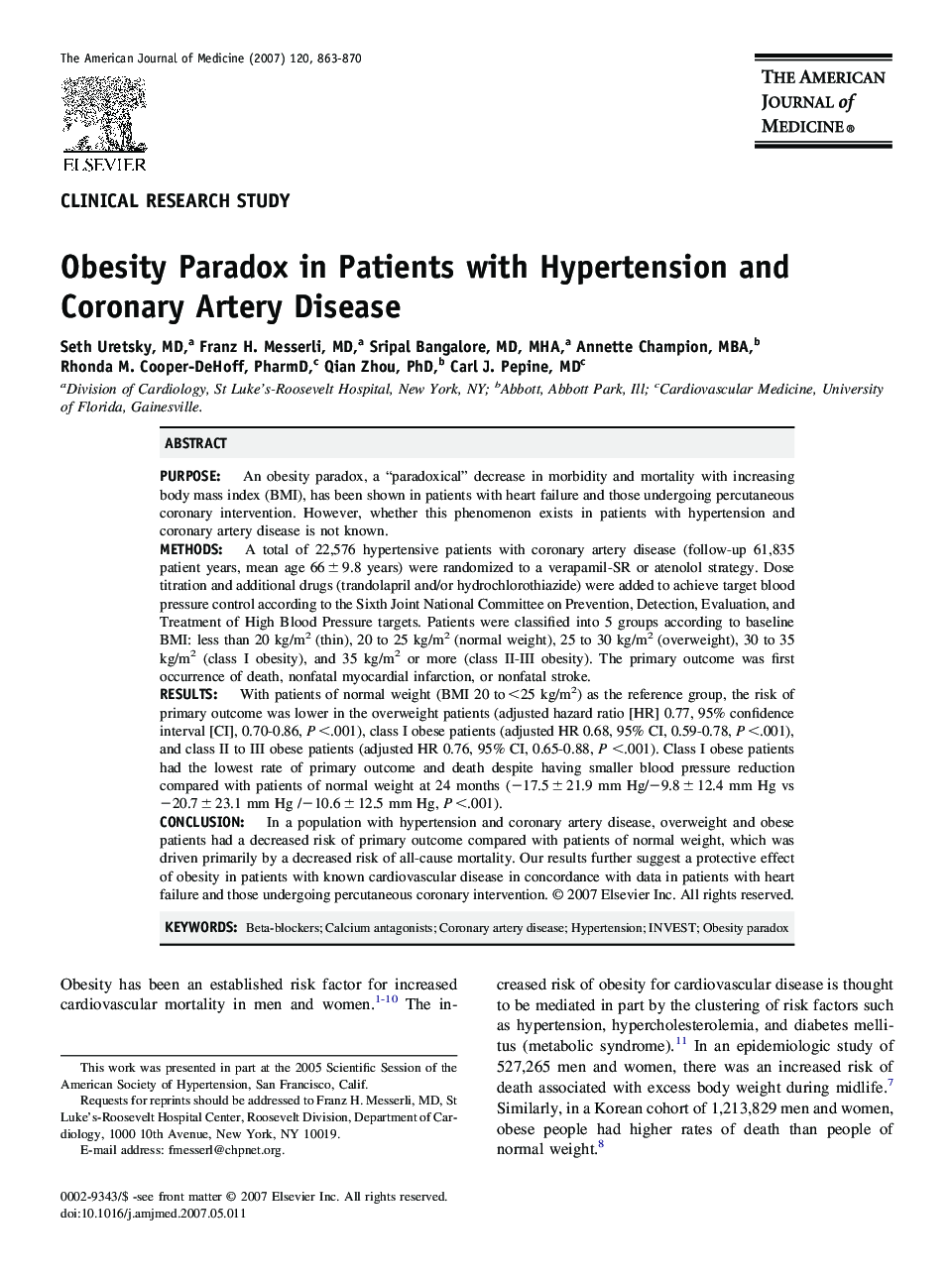 Obesity Paradox in Patients with Hypertension and Coronary Artery Disease