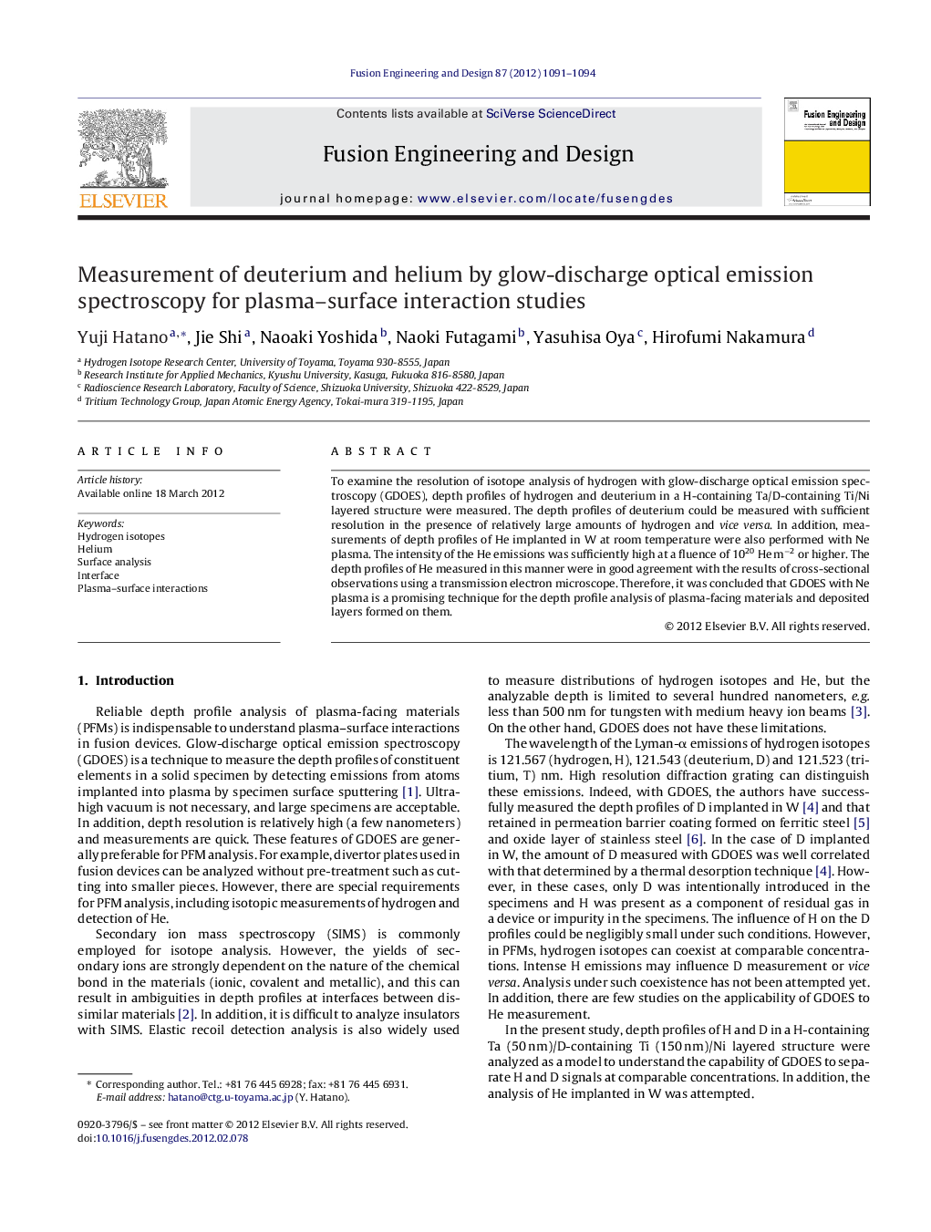 عکس صفحه اول مقاله: Measurement of deuterium and helium by glow-discharge optical emission spectroscopy for plasma–surface interaction studies Measurement of deuterium and helium by glow-discharge optical emission spectroscopy for plasma–surface interaction studies