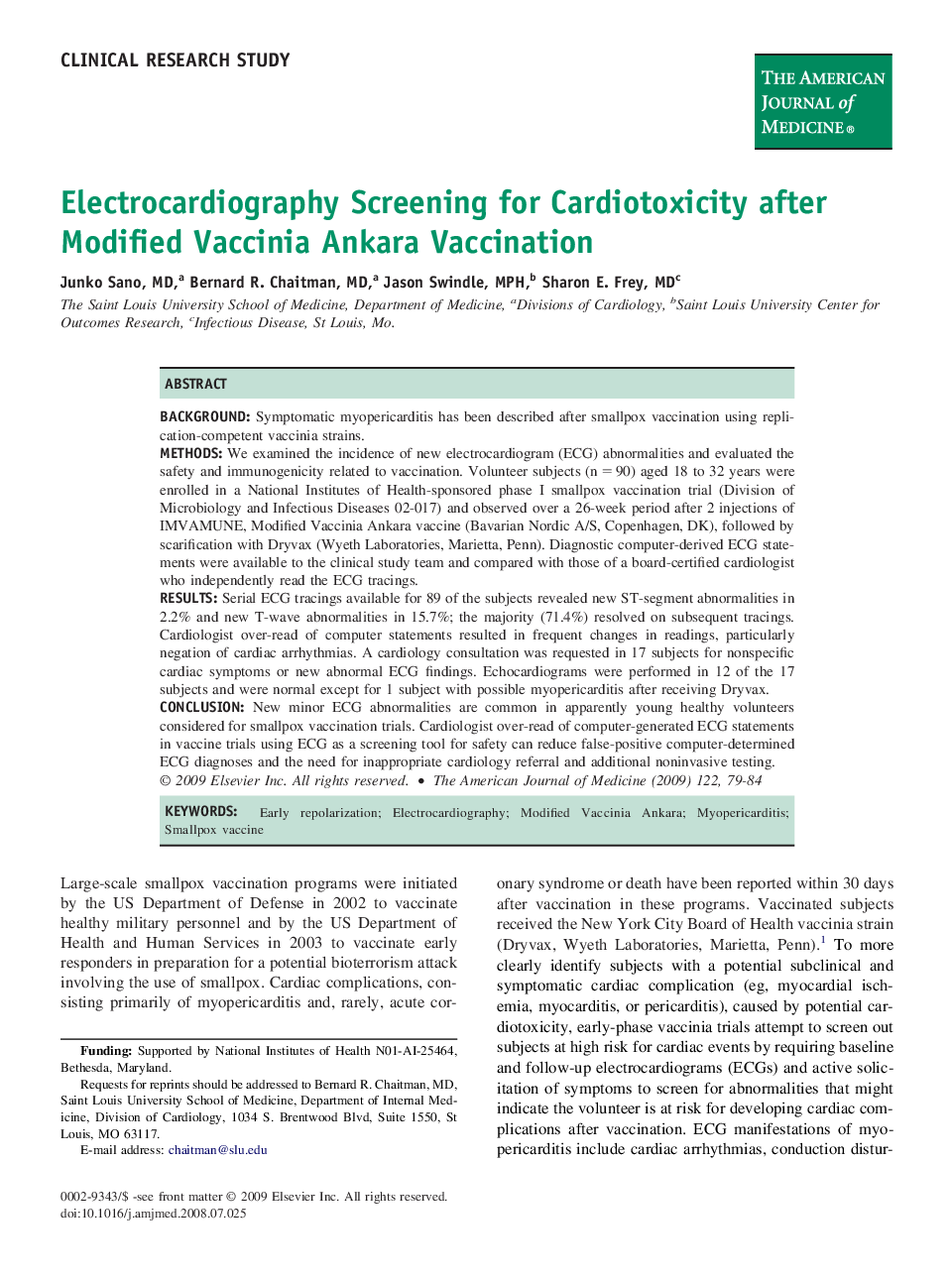 Electrocardiography Screening for Cardiotoxicity after Modified Vaccinia Ankara Vaccination 