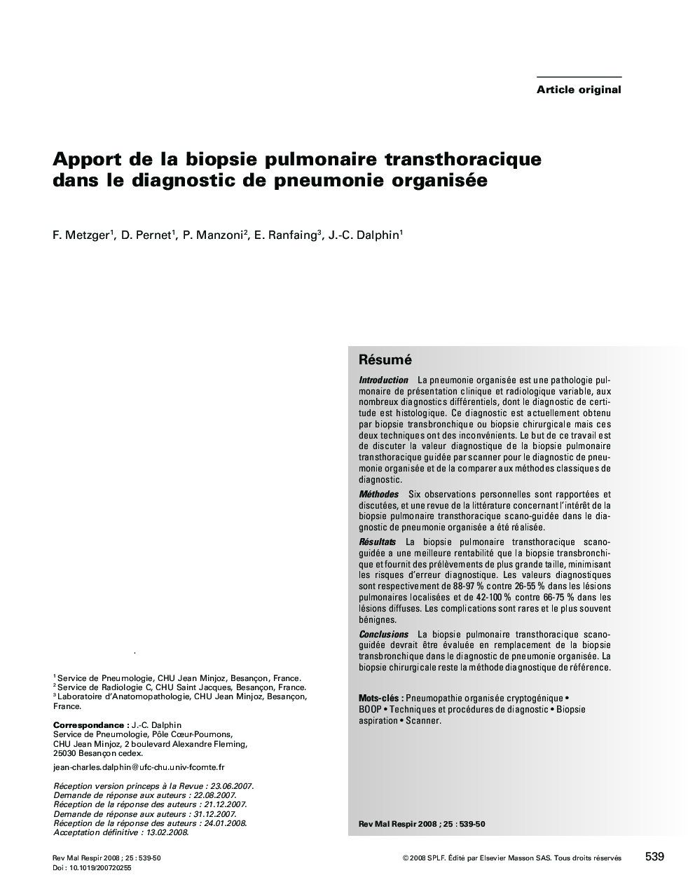 Apport de la biopsie pulmonaire transthoracique dans le diagnostic de pneumonie organisée