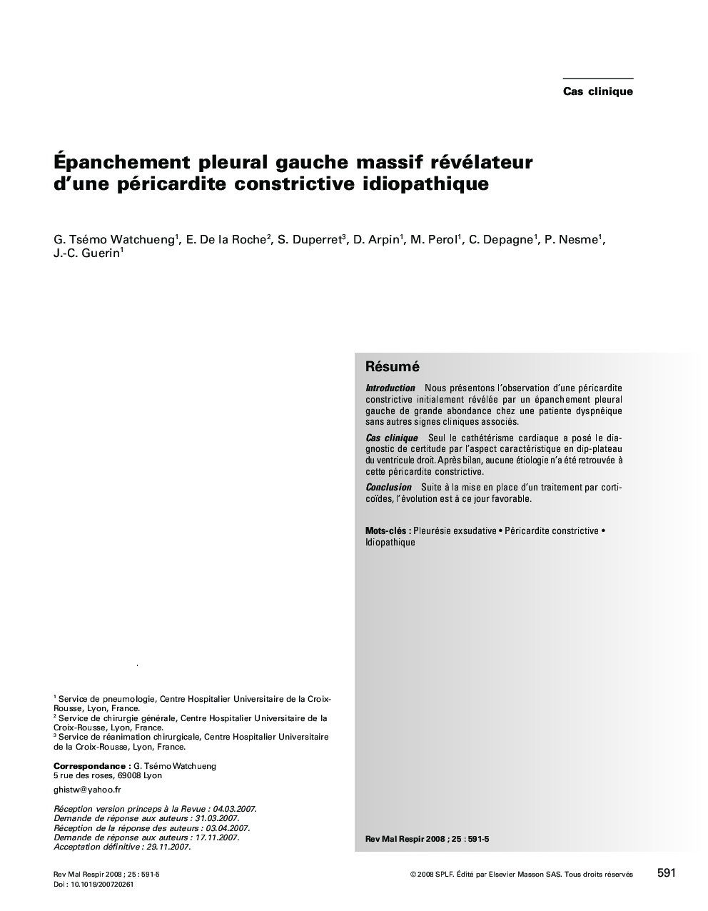 Ãpanchement pleural gauche massif révélateur d'une péricardite constrictive idiopathique