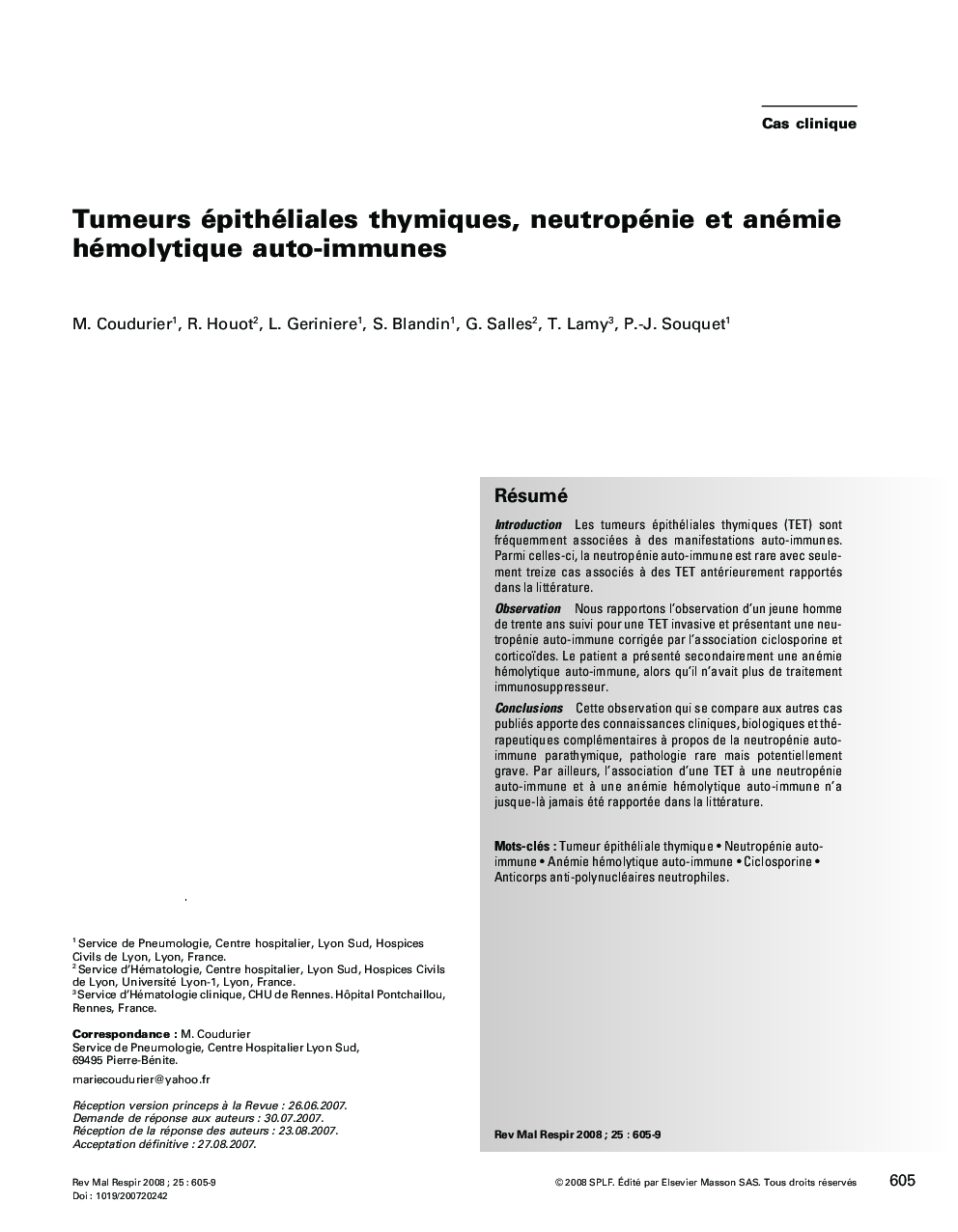 Tumeurs épithéliales thymiques, neutropénie et anémie hémolytique auto-immunes