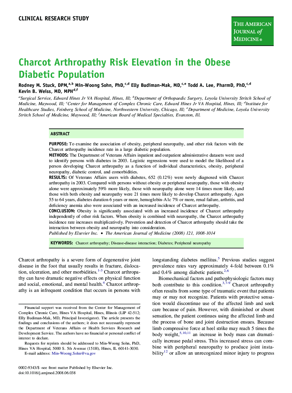 Charcot Arthropathy Risk Elevation in the Obese Diabetic Population 