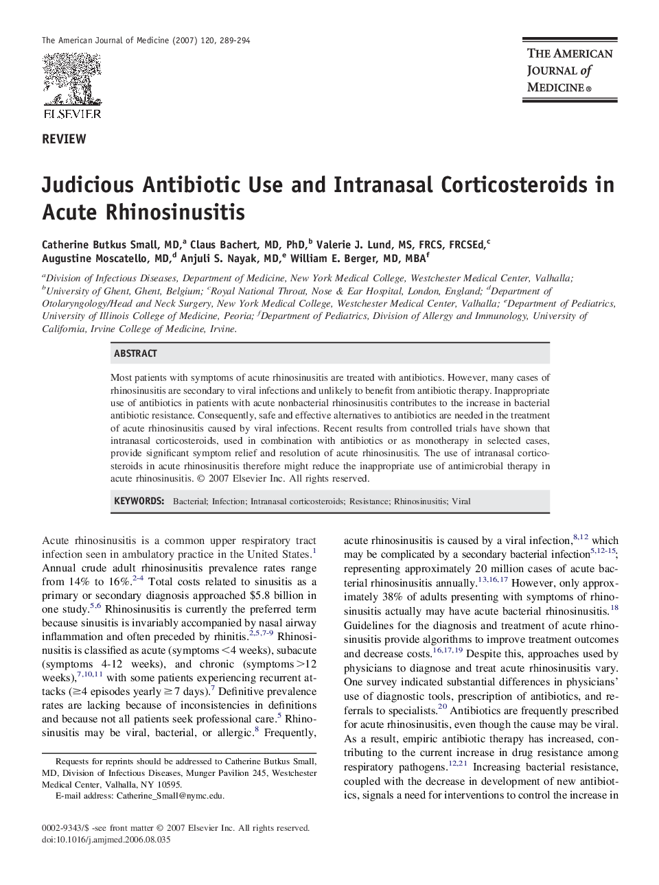 Judicious Antibiotic Use and Intranasal Corticosteroids in Acute Rhinosinusitis