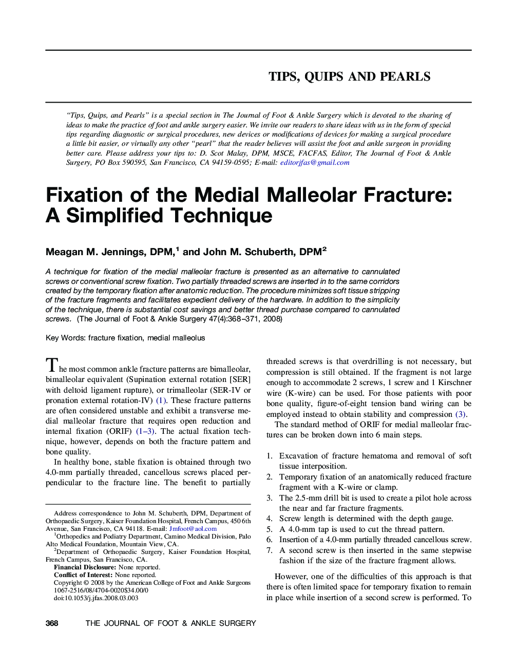 Fixation of the Medial Malleolar Fracture: A Simplified Technique 