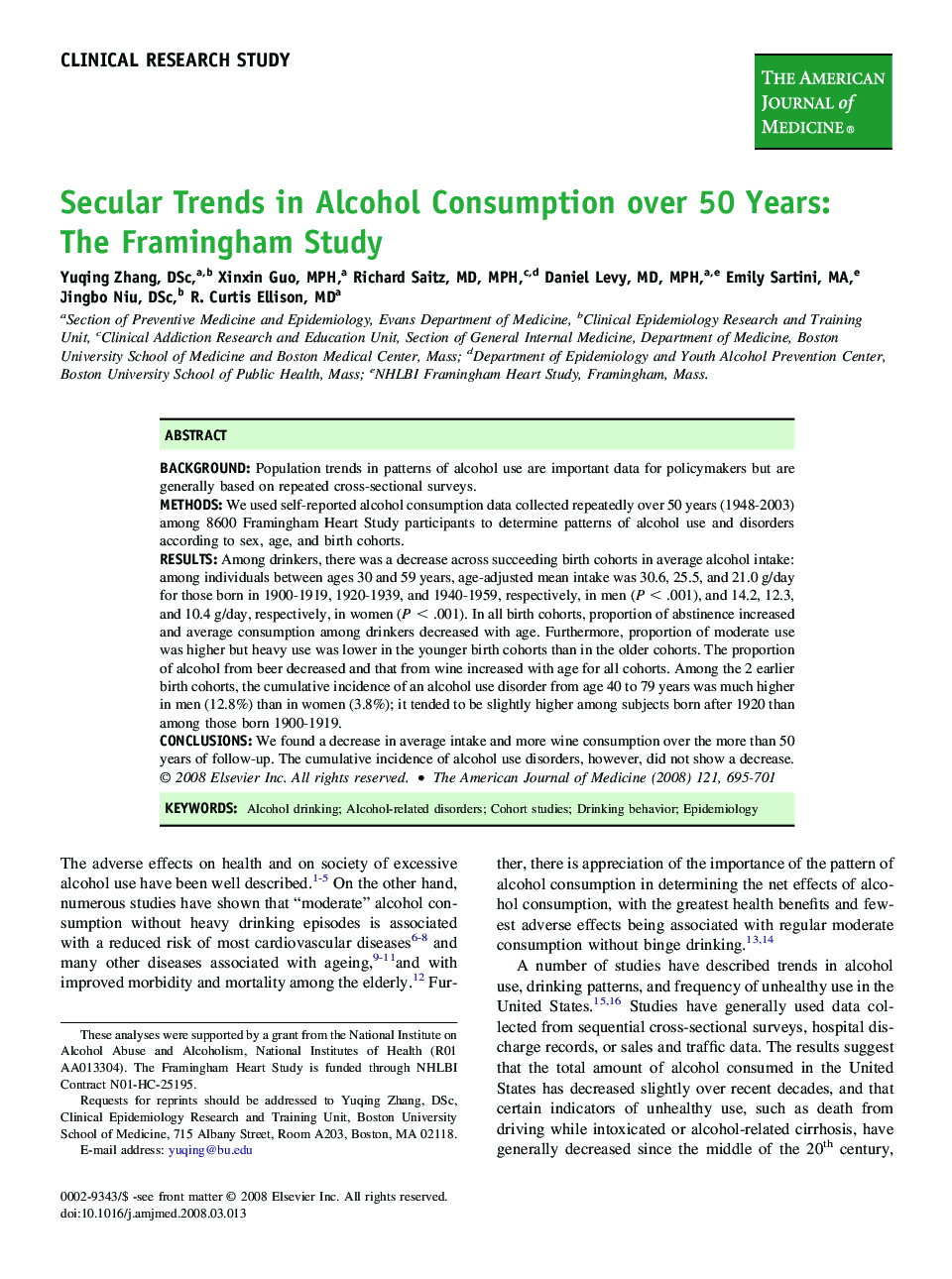 Secular Trends in Alcohol Consumption over 50 Years: The Framingham Study 