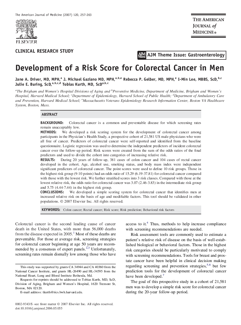 Development of a Risk Score for Colorectal Cancer in Men 