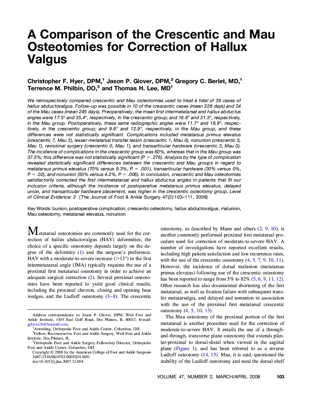 A Comparison of the Crescentic and Mau Osteotomies for Correction of Hallux Valgus