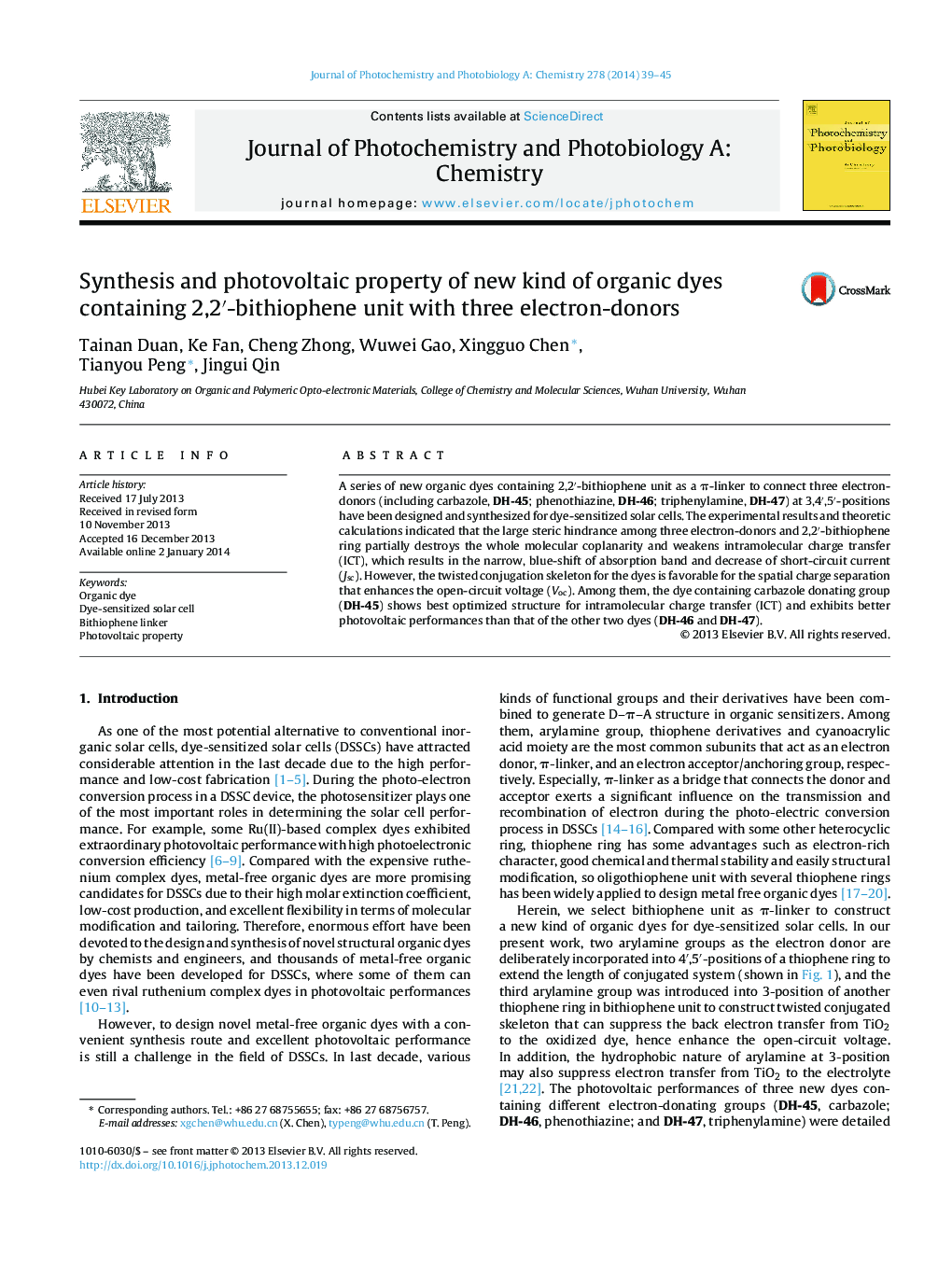 Synthesis and photovoltaic property of new kind of organic dyes containing 2,2′-bithiophene unit with three electron-donors