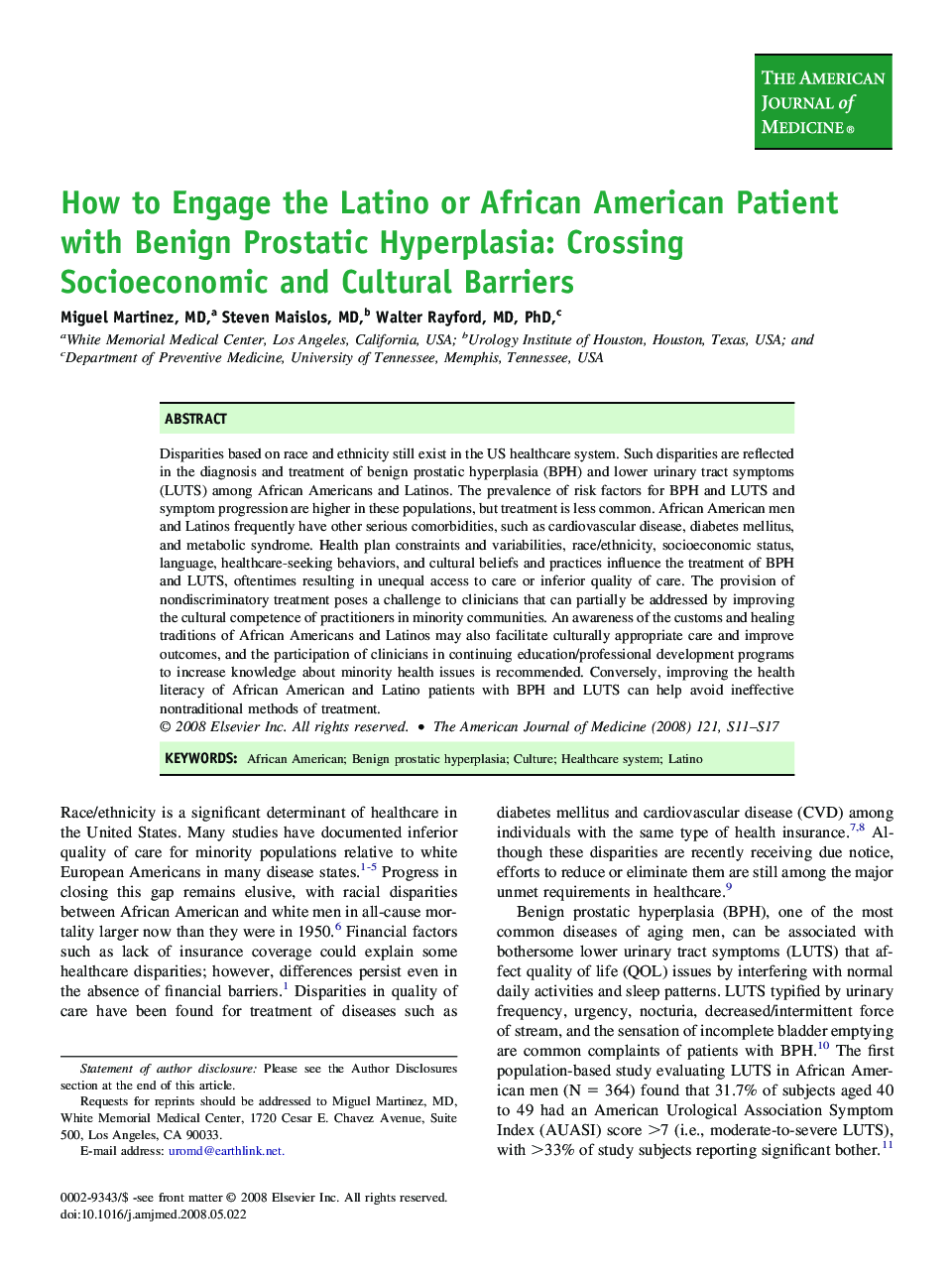 How to Engage the Latino or African American Patient with Benign Prostatic Hyperplasia: Crossing Socioeconomic and Cultural Barriers 