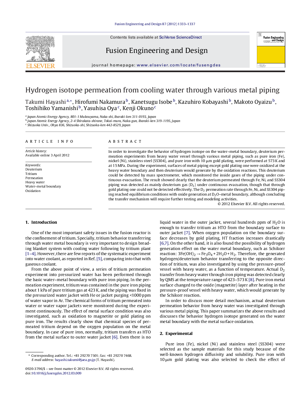 Hydrogen isotope permeation from cooling water through various metal piping