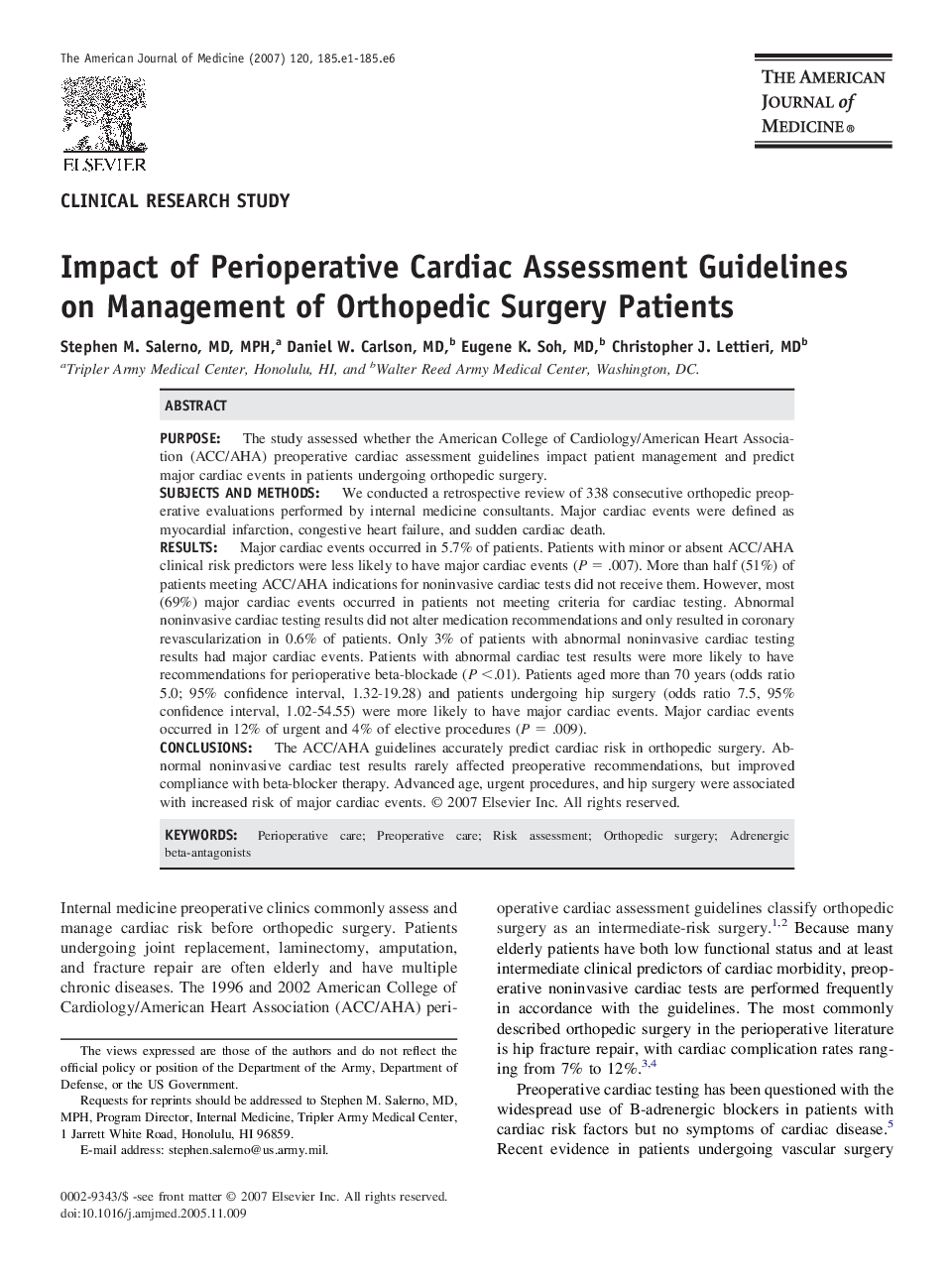 Impact of Perioperative Cardiac Assessment Guidelines on Management of Orthopedic Surgery Patients