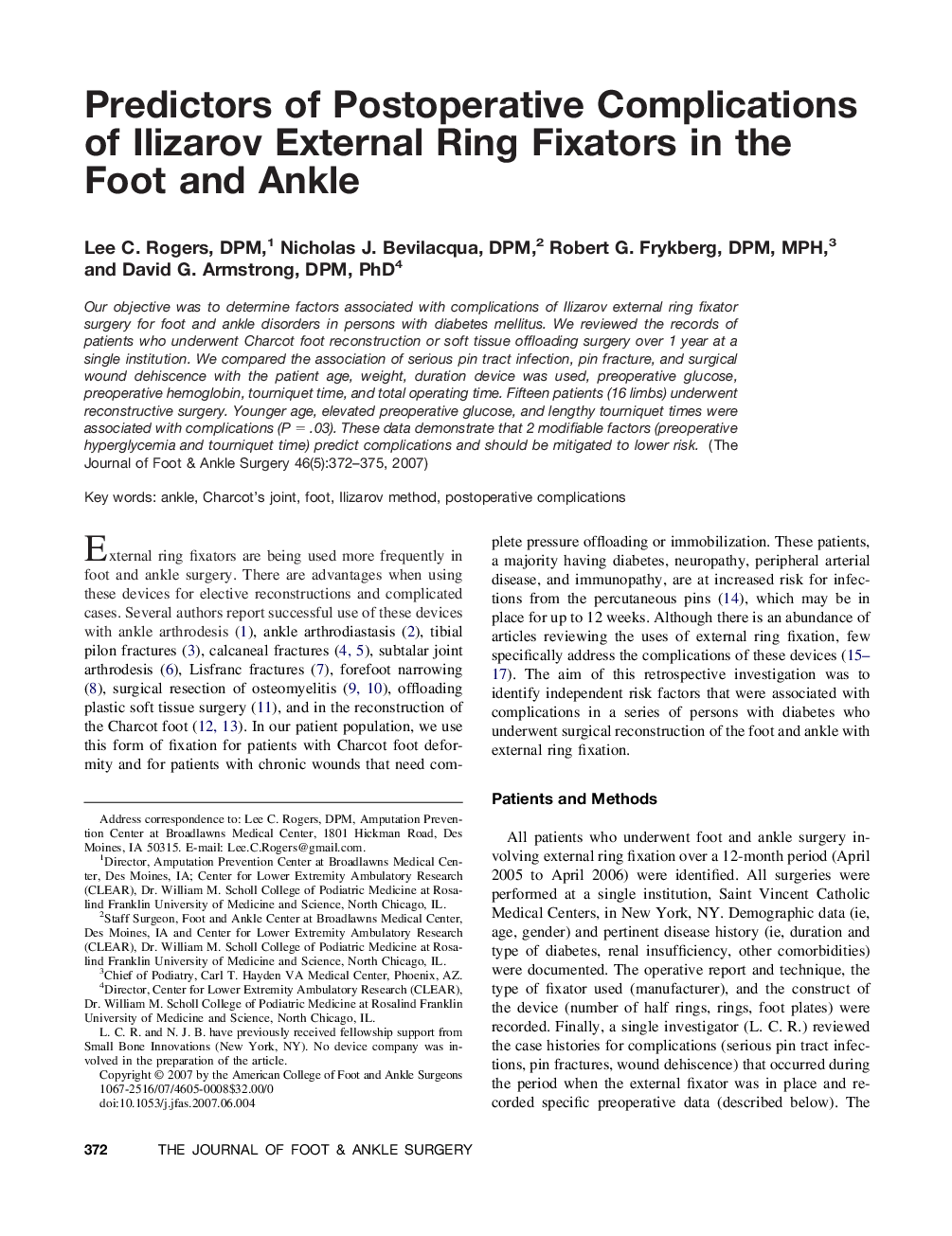 Predictors of Postoperative Complications of Ilizarov External Ring Fixators in the Foot and Ankle 