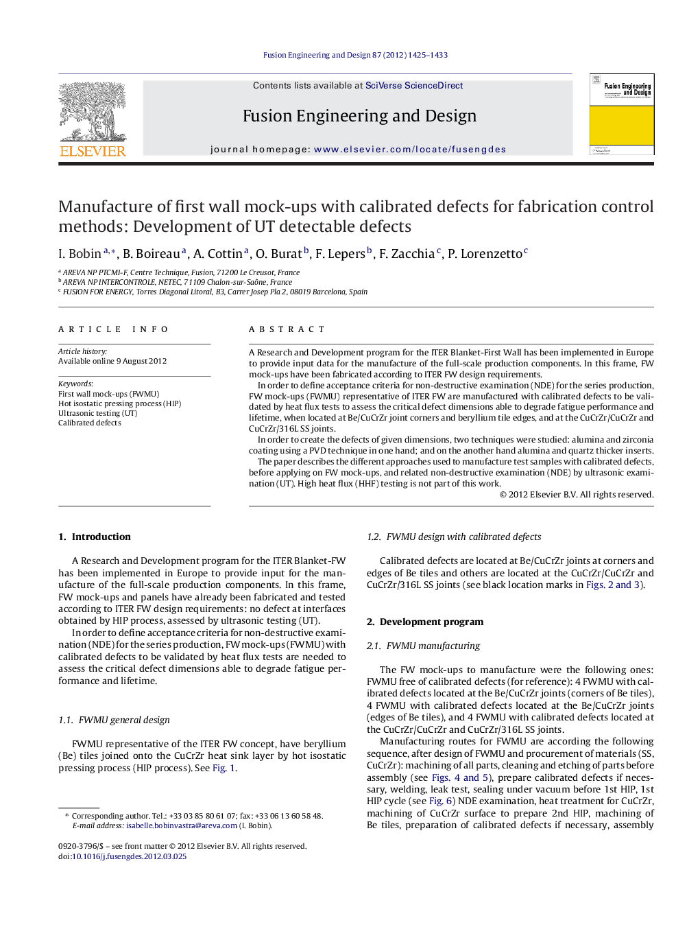 Manufacture of first wall mock-ups with calibrated defects for fabrication control methods: Development of UT detectable defects