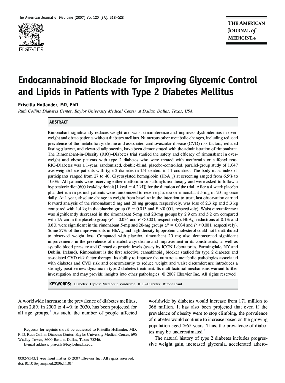 Endocannabinoid Blockade for Improving Glycemic Control and Lipids in Patients with Type 2 Diabetes Mellitus