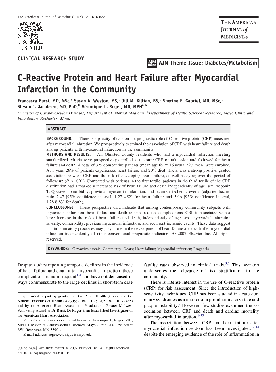 C-Reactive Protein and Heart Failure after Myocardial Infarction in the Community 