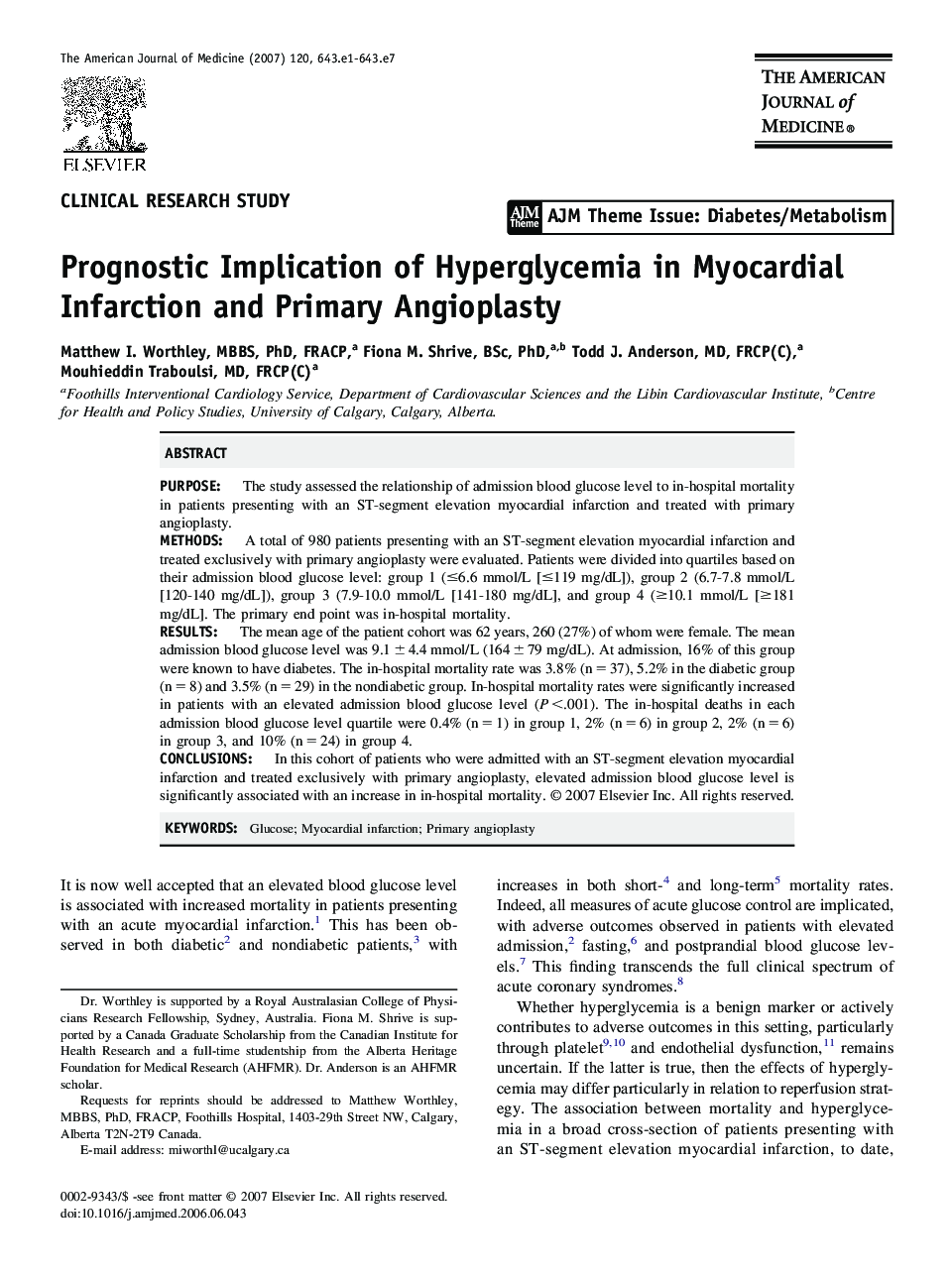 Prognostic Implication of Hyperglycemia in Myocardial Infarction and Primary Angioplasty