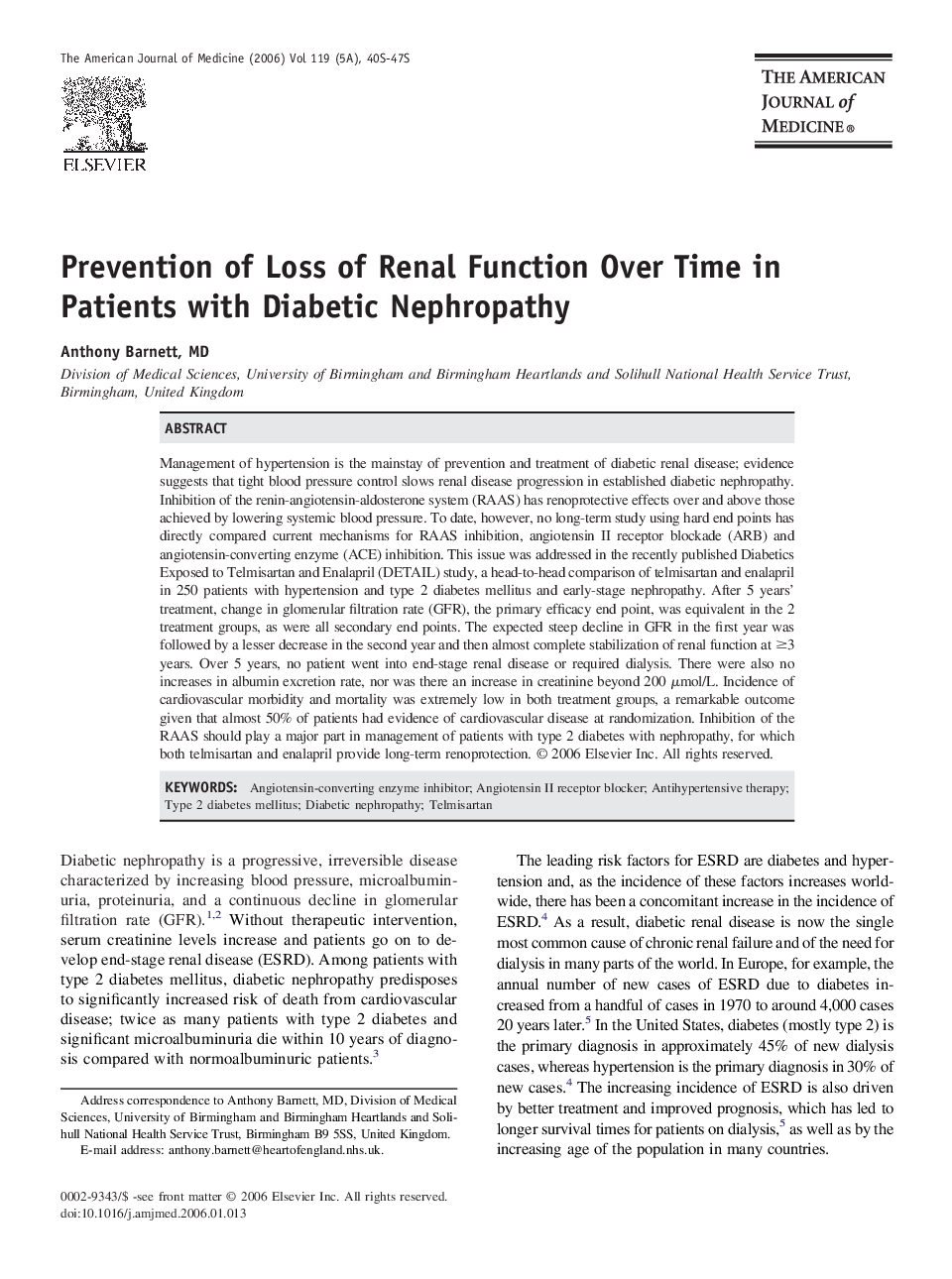 Prevention of Loss of Renal Function Over Time in Patients with Diabetic Nephropathy