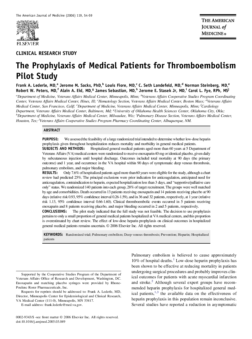 The Prophylaxis of Medical Patients for Thromboembolism Pilot Study