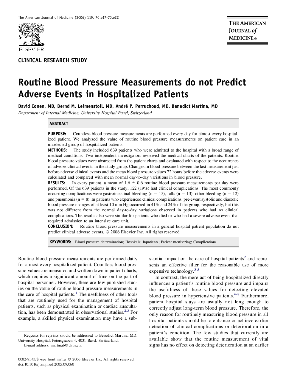 Routine Blood Pressure Measurements Do Not Predict Adverse Events in Hospitalized Patients