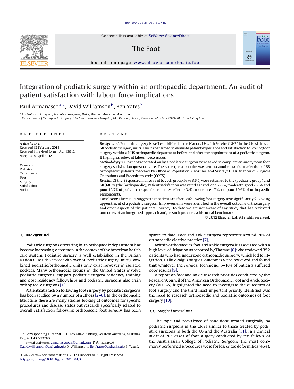 Integration of podiatric surgery within an orthopaedic department: An audit of patient satisfaction with labour force implications