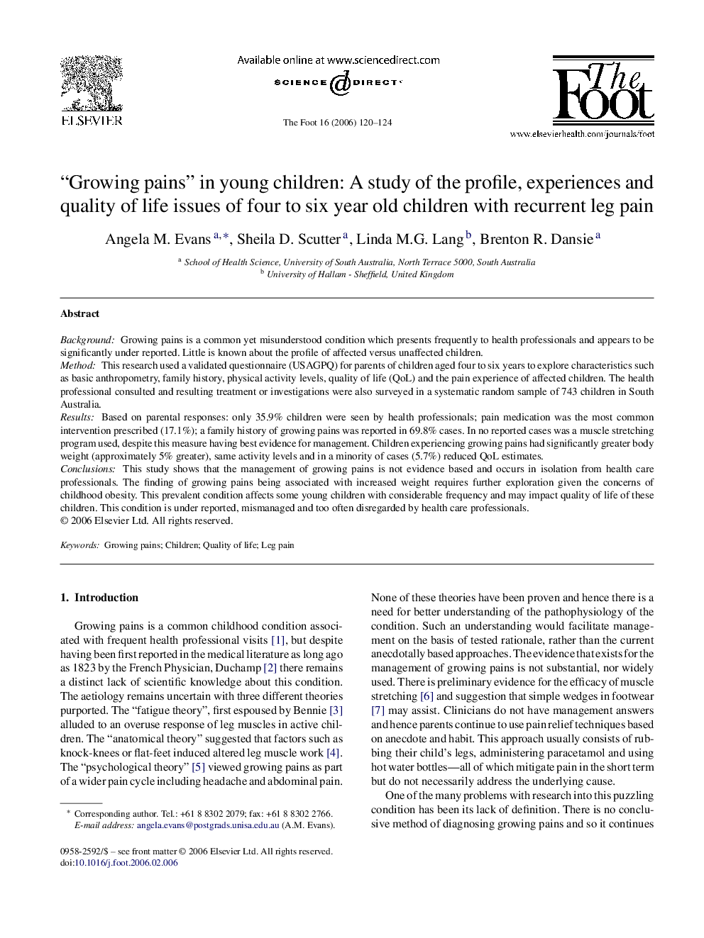 “Growing pains” in young children: A study of the profile, experiences and quality of life issues of four to six year old children with recurrent leg pain