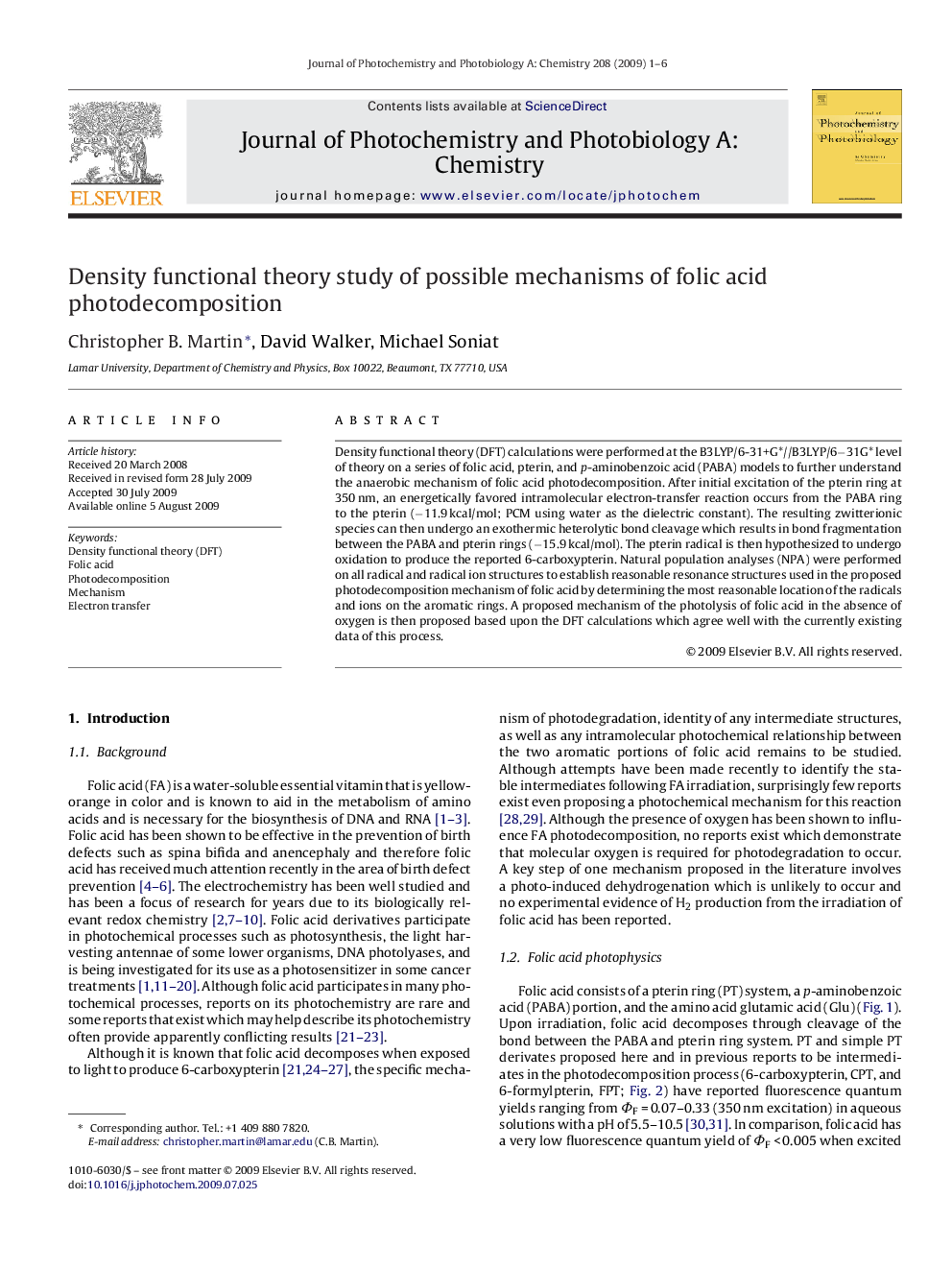 Density functional theory study of possible mechanisms of folic acid photodecomposition