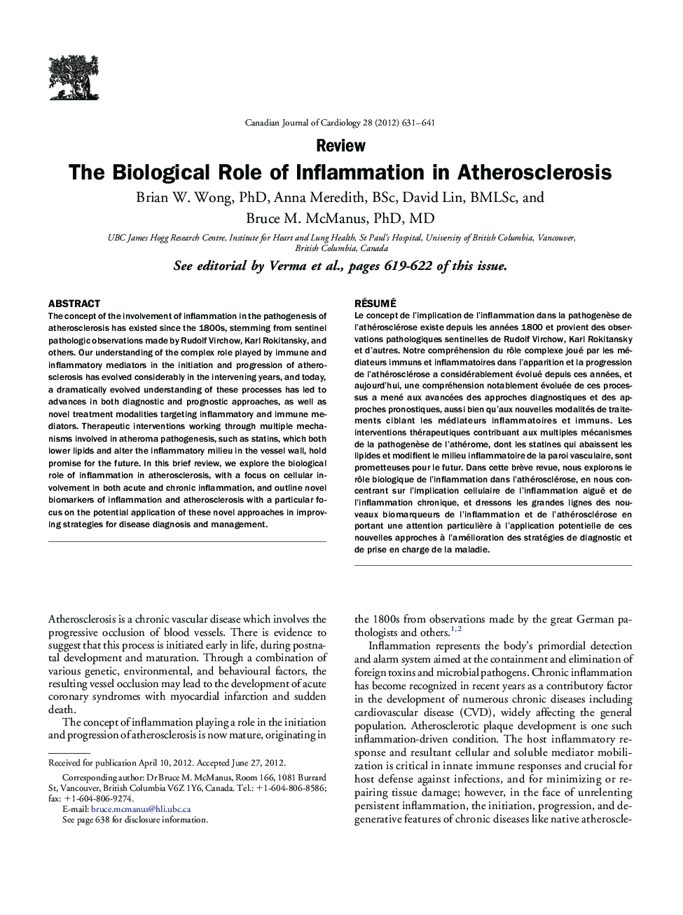 The Biological Role of Inflammation in Atherosclerosis 