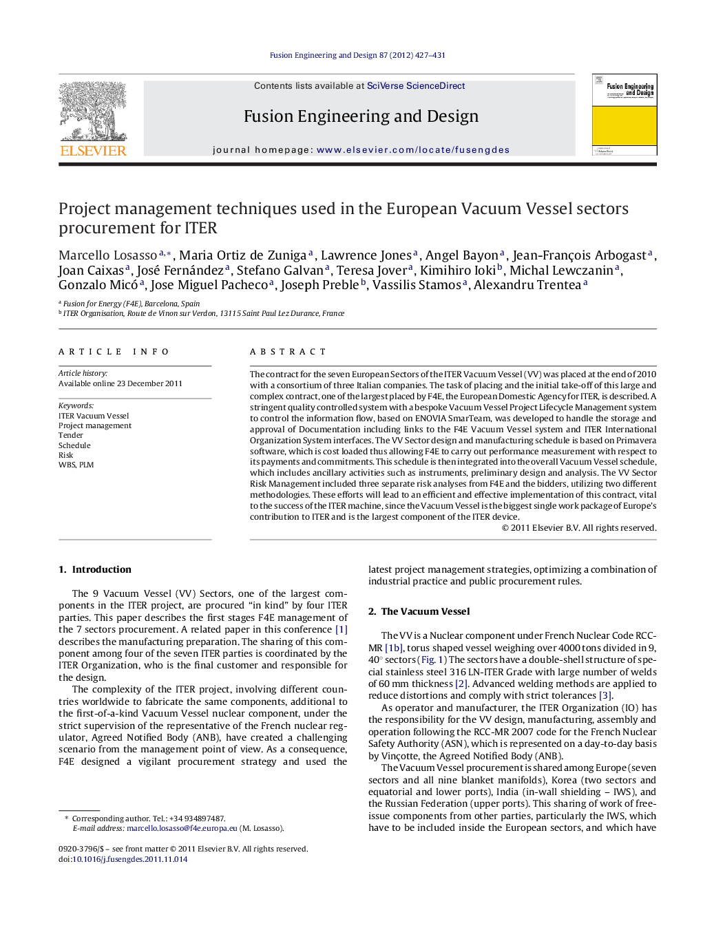 Project management techniques used in the European Vacuum Vessel sectors procurement for ITER