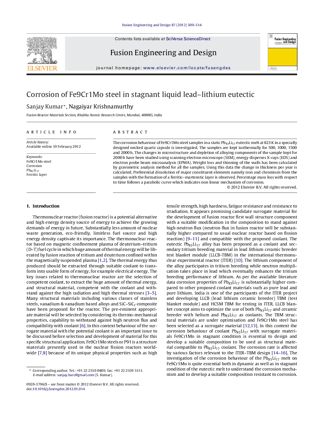 Corrosion of Fe9Cr1Mo steel in stagnant liquid lead–lithium eutectic