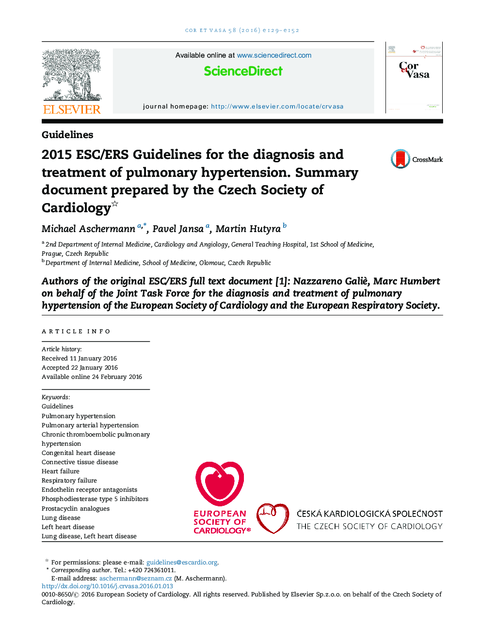 2015 ESC/ERS Guidelines for the diagnosis and treatment of pulmonary hypertension. Summary document prepared by the Czech Society of Cardiology