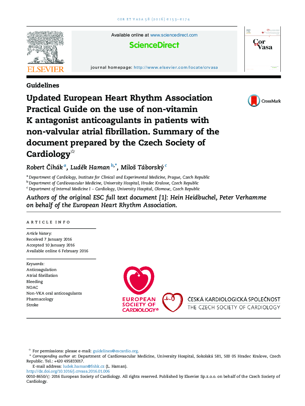 Updated European Heart Rhythm Association Practical Guide on the use of non-vitamin K antagonist anticoagulants in patients with non-valvular atrial fibrillation. Summary of the document prepared by the Czech Society of Cardiology