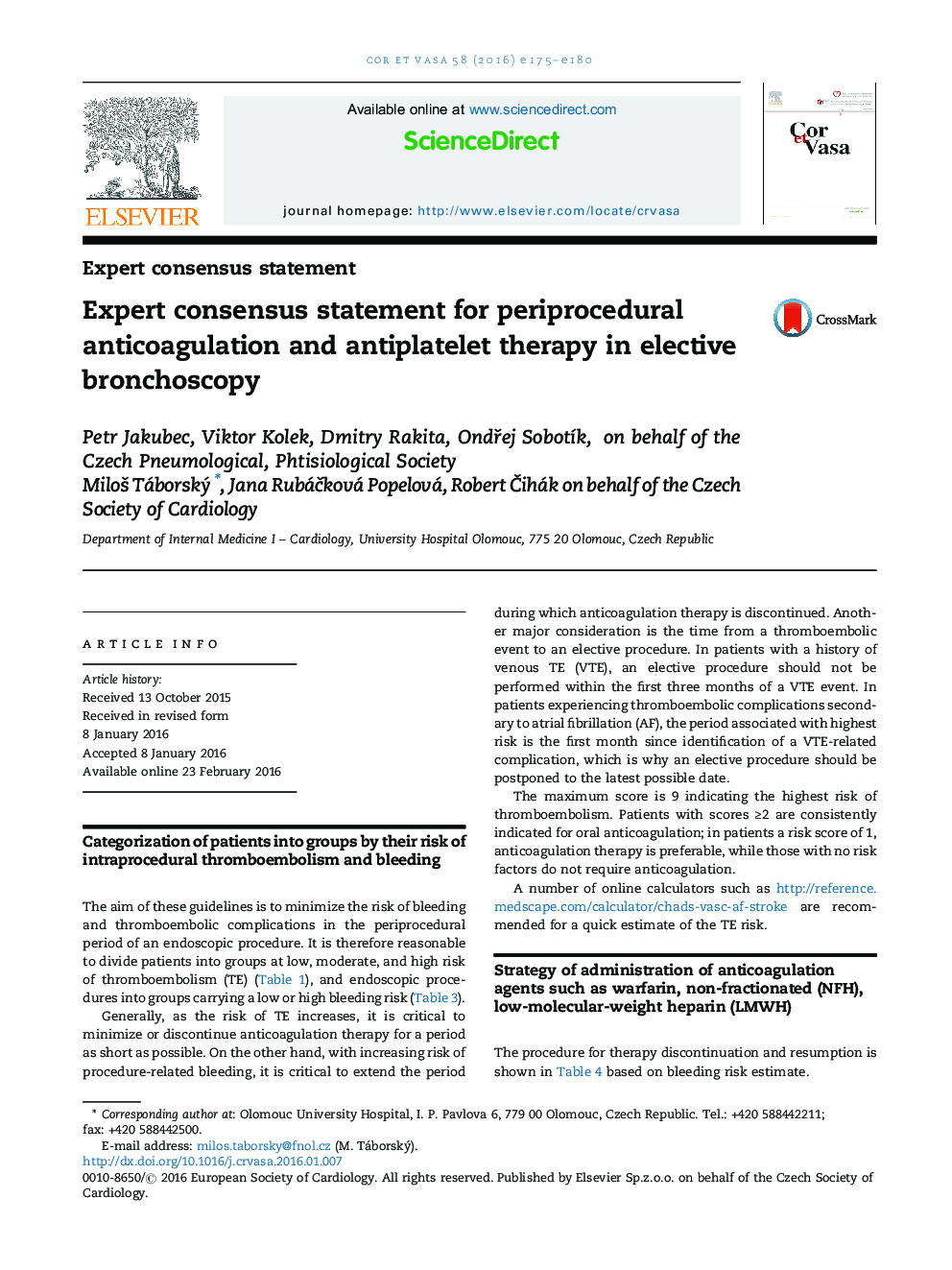 Expert consensus statement for periprocedural anticoagulation and antiplatelet therapy in elective bronchoscopy