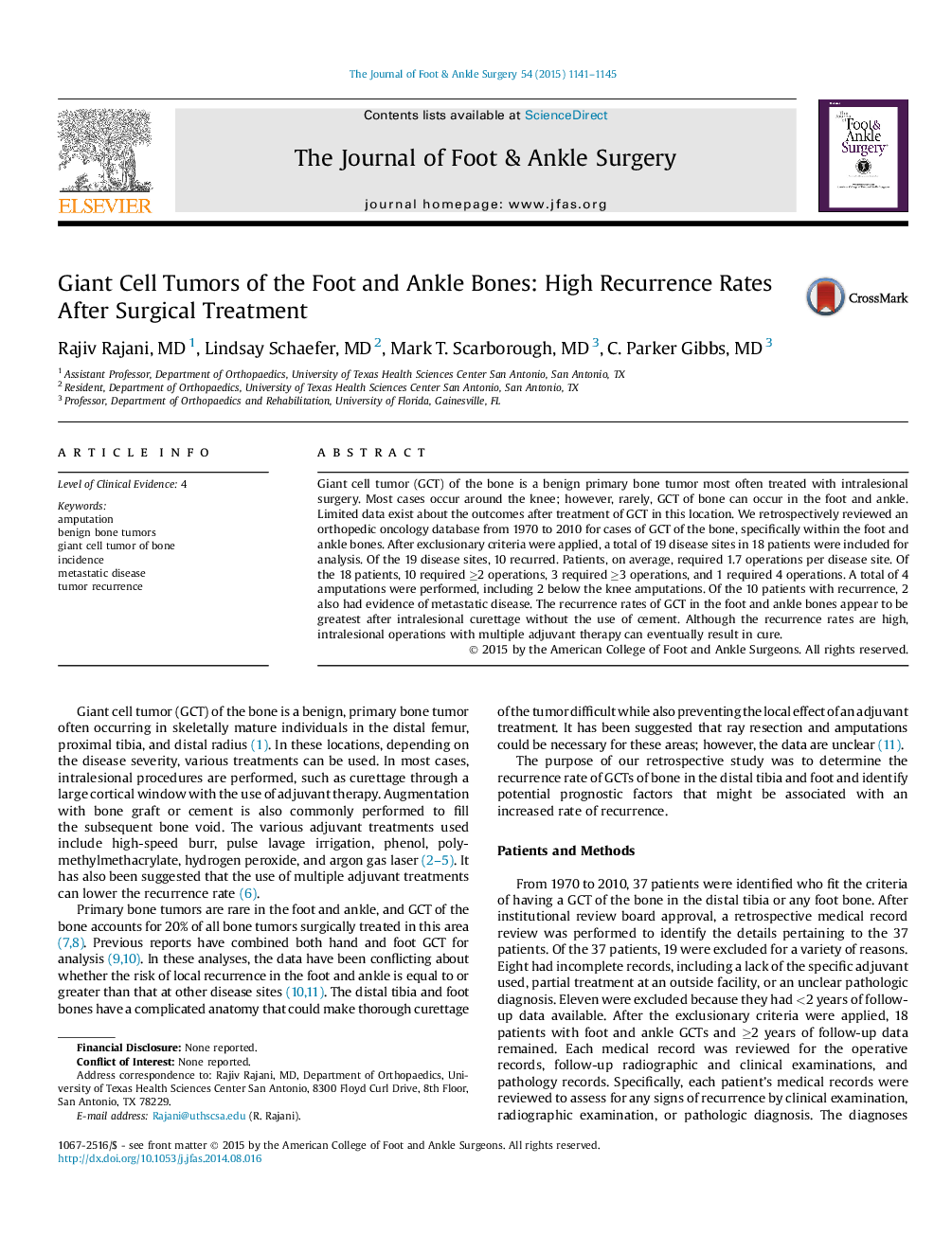 Giant Cell Tumors of the Foot and Ankle Bones: High Recurrence Rates After Surgical Treatment 