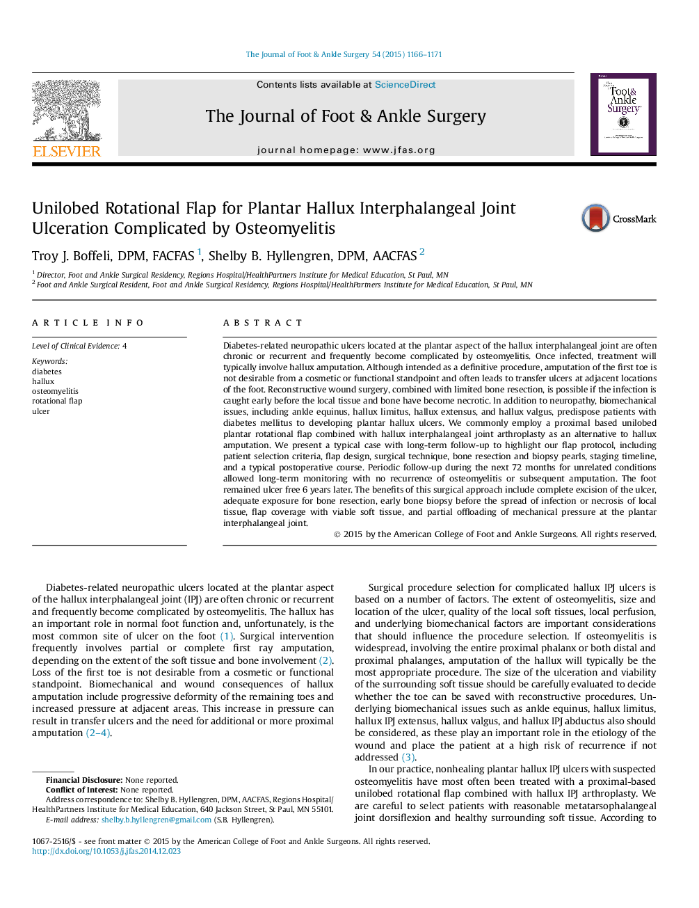 Unilobed Rotational Flap for Plantar Hallux Interphalangeal Joint Ulceration Complicated by Osteomyelitis 