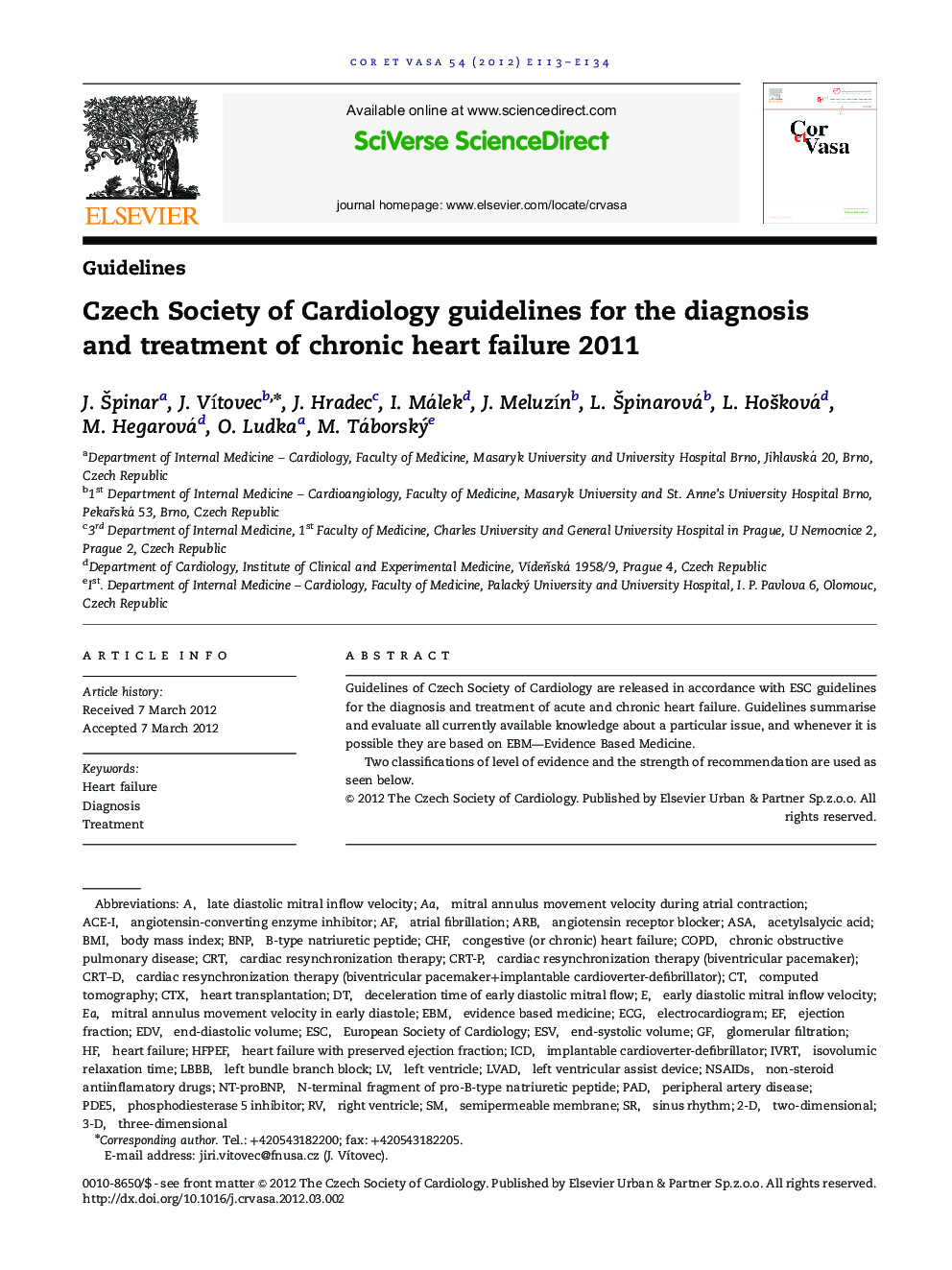 Czech Society of Cardiology guidelines for the diagnosis and treatment of chronic heart failure 2011