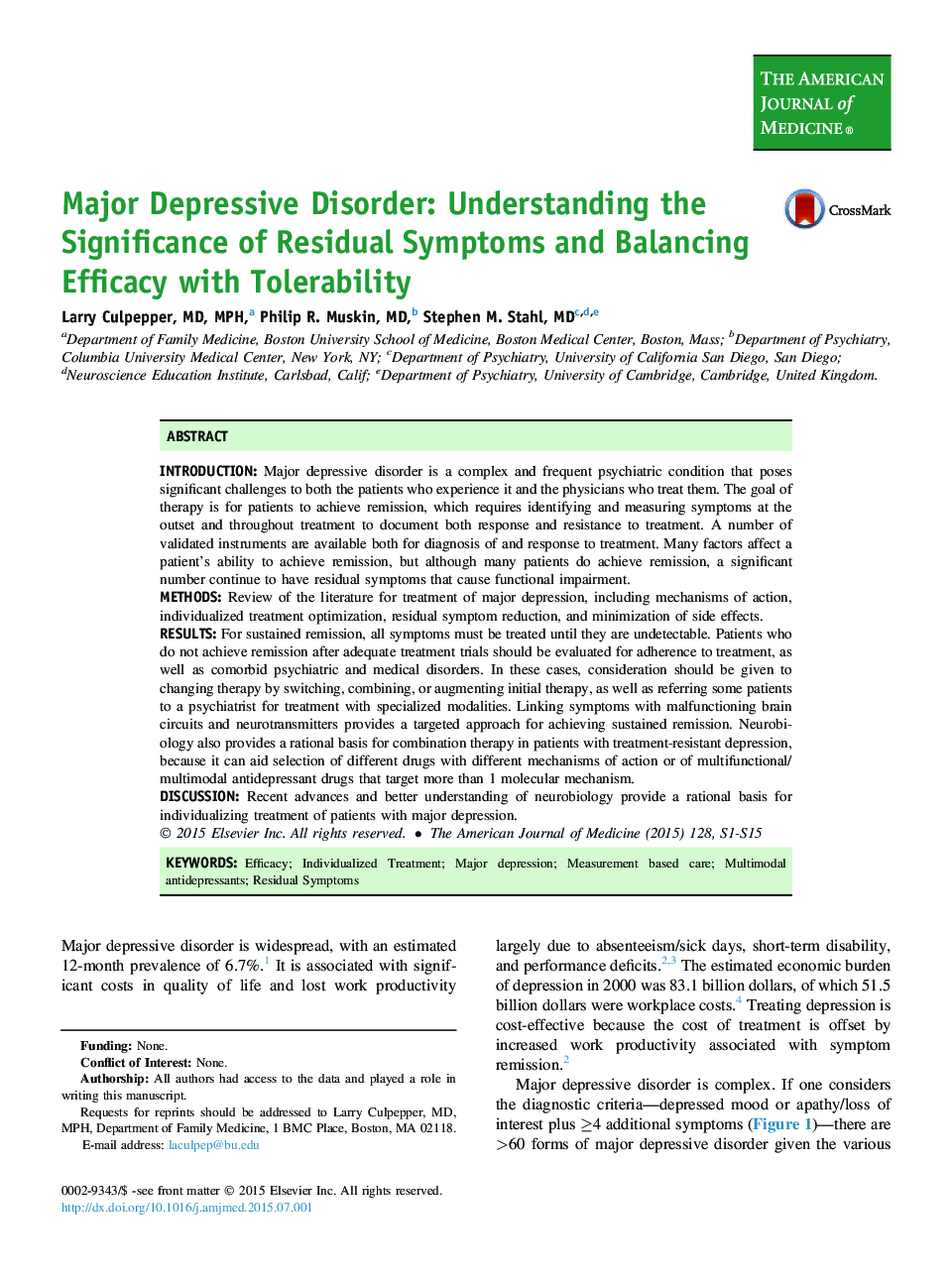 Major Depressive Disorder: Understanding the Significance of Residual Symptoms and Balancing Efficacy with Tolerability 