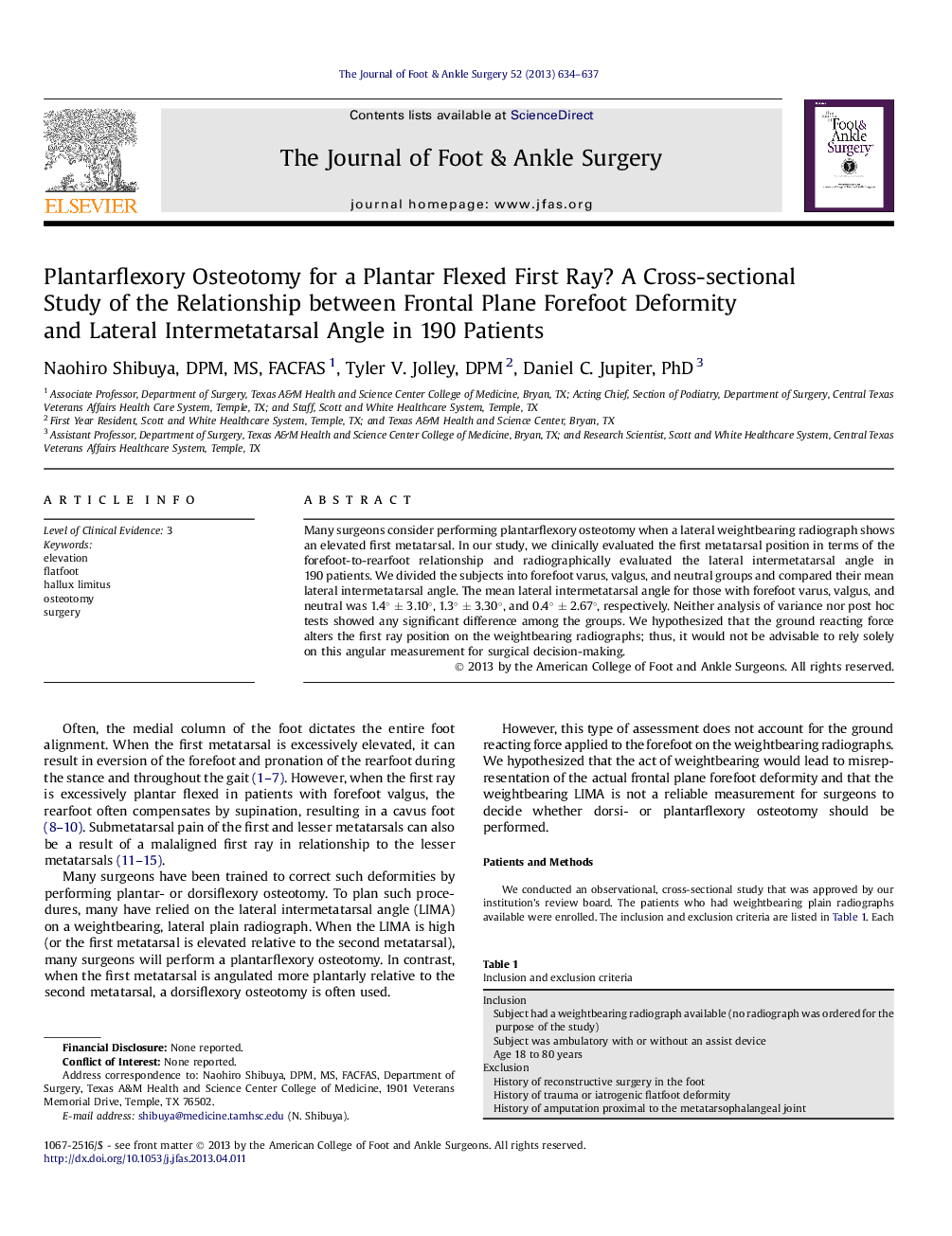 Plantarflexory Osteotomy for a Plantar Flexed First Ray? A Cross-sectional Study of the Relationship between Frontal Plane Forefoot Deformity and Lateral Intermetatarsal Angle in 190 Patients 