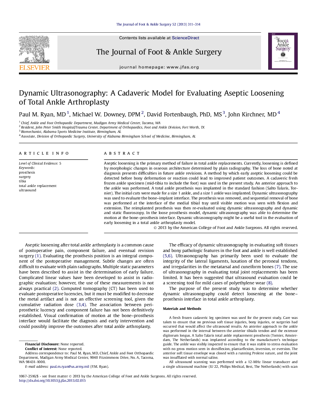 Dynamic Ultrasonography: A Cadaveric Model for Evaluating Aseptic Loosening of Total Ankle Arthroplasty 