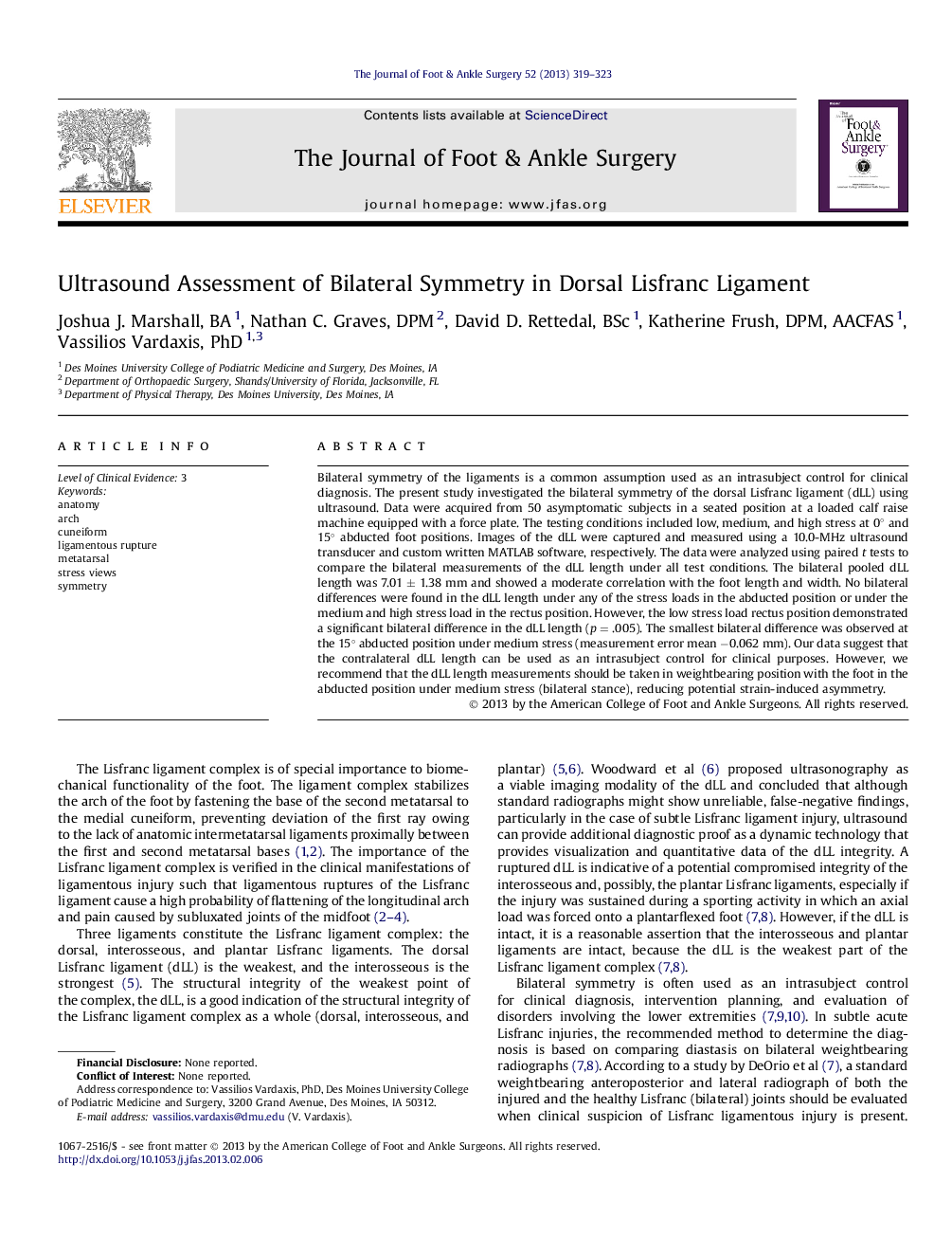 Ultrasound Assessment of Bilateral Symmetry in Dorsal Lisfranc Ligament 