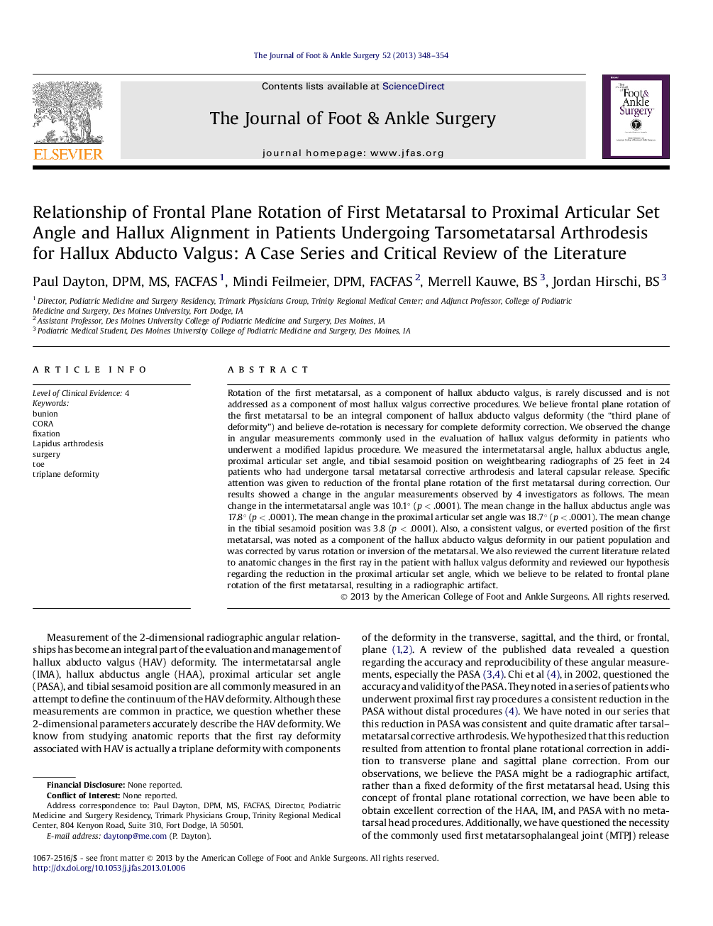 Relationship of Frontal Plane Rotation of First Metatarsal to Proximal Articular Set Angle and Hallux Alignment in Patients Undergoing Tarsometatarsal Arthrodesis for Hallux Abducto Valgus: A Case Series and Critical Review of the Literature 