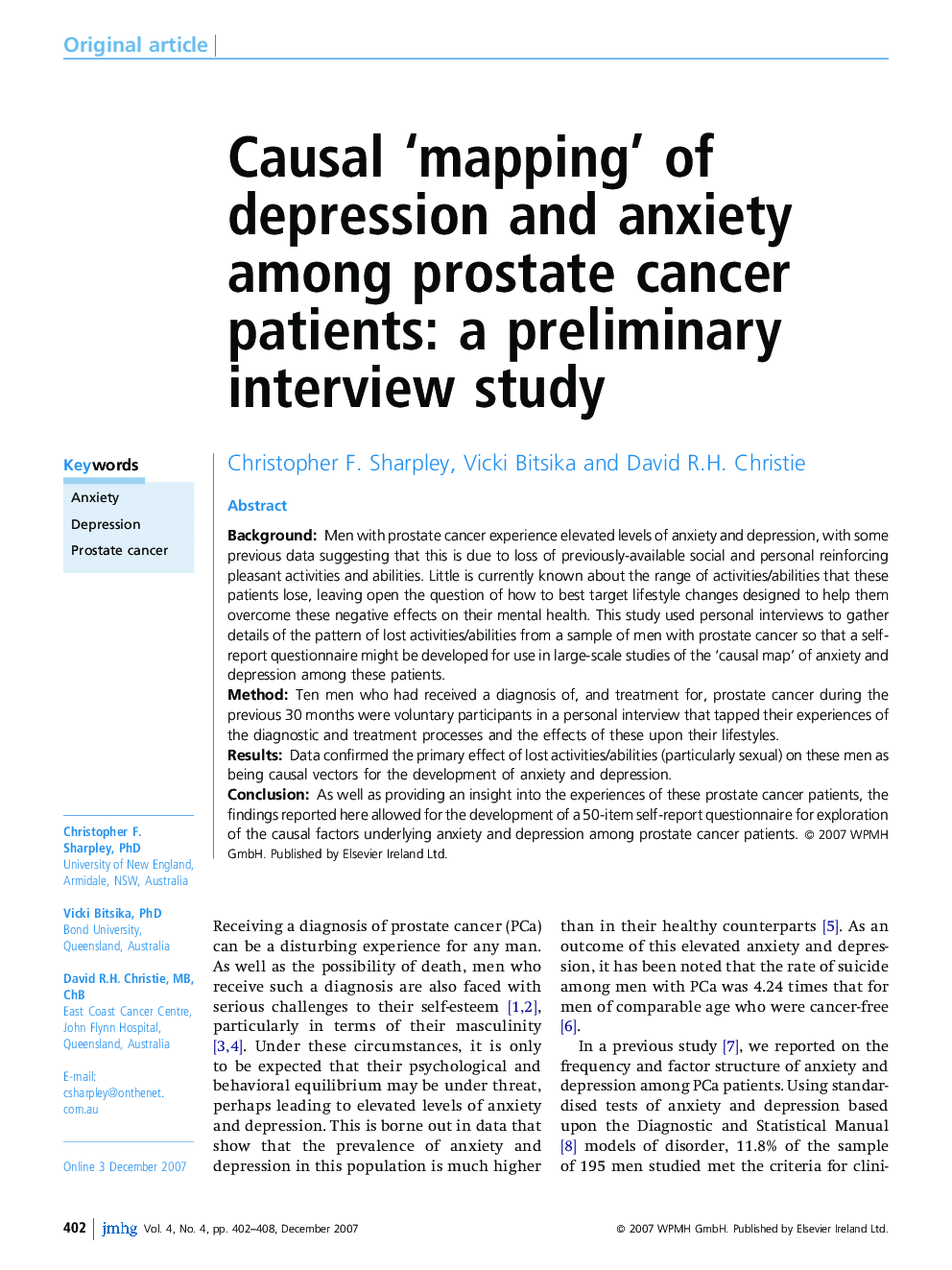 Causal' mapping' of depression and anxiety among prostate cancer patients: a preliminary interview study