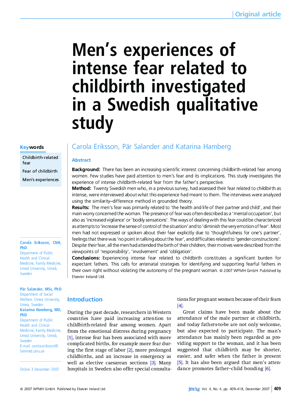 Men's experiences of intense fear related to childbirth investigated in a Swedish qualitative study