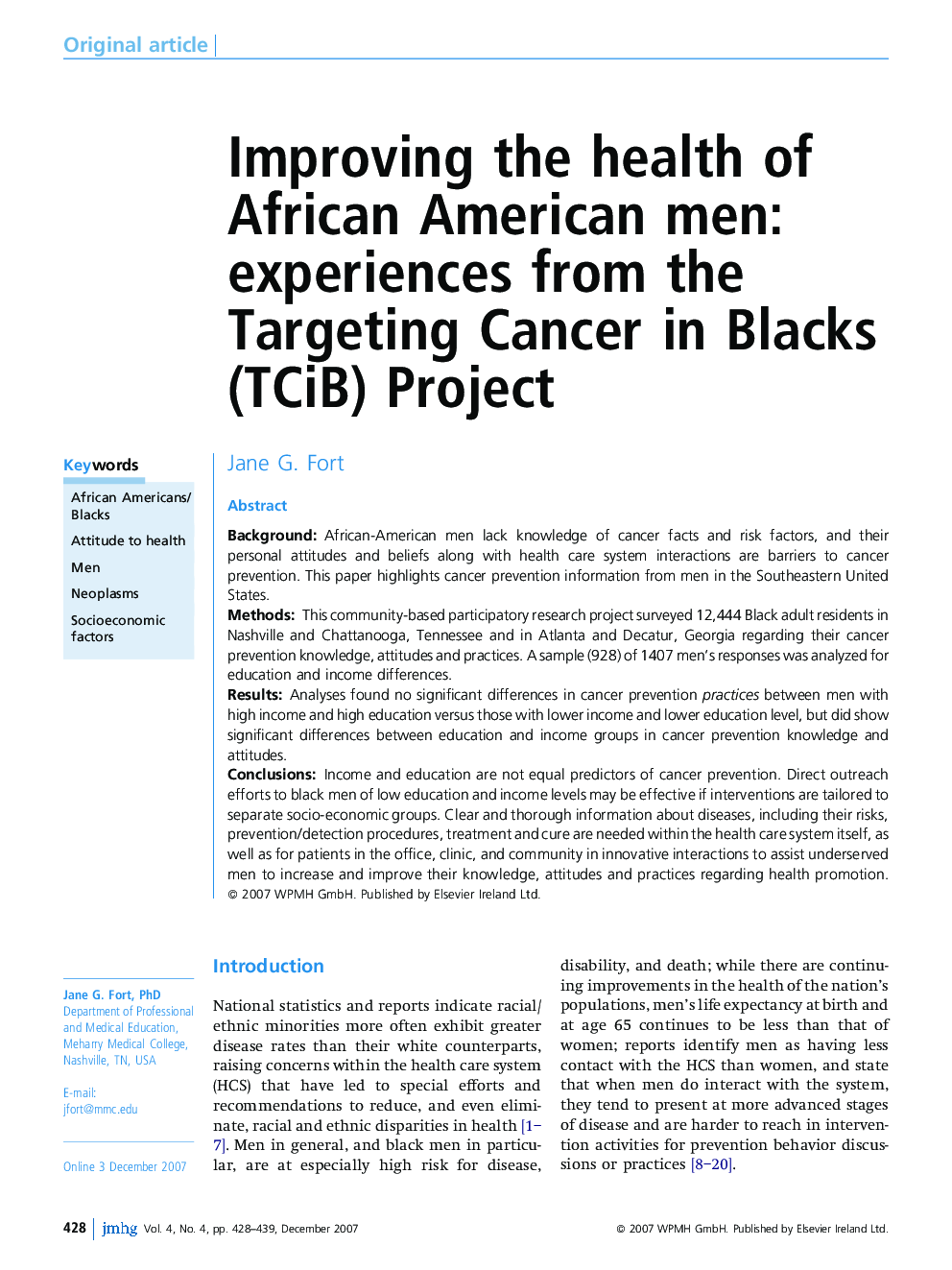Improving the health of African American men: experiences from the Targeting Cancer in Blacks (TCiB) Project