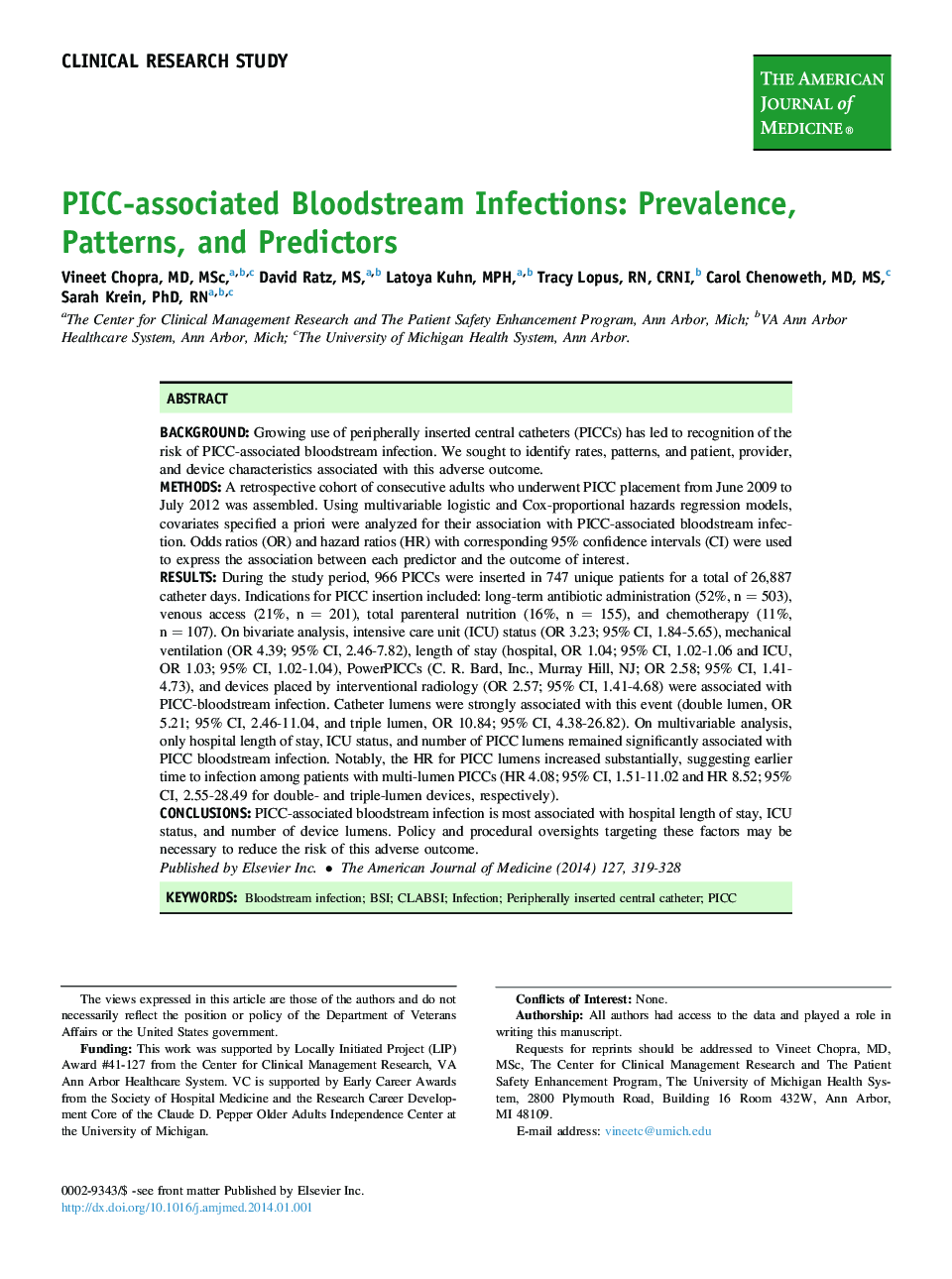 PICC-associated Bloodstream Infections: Prevalence, Patterns, and Predictors 