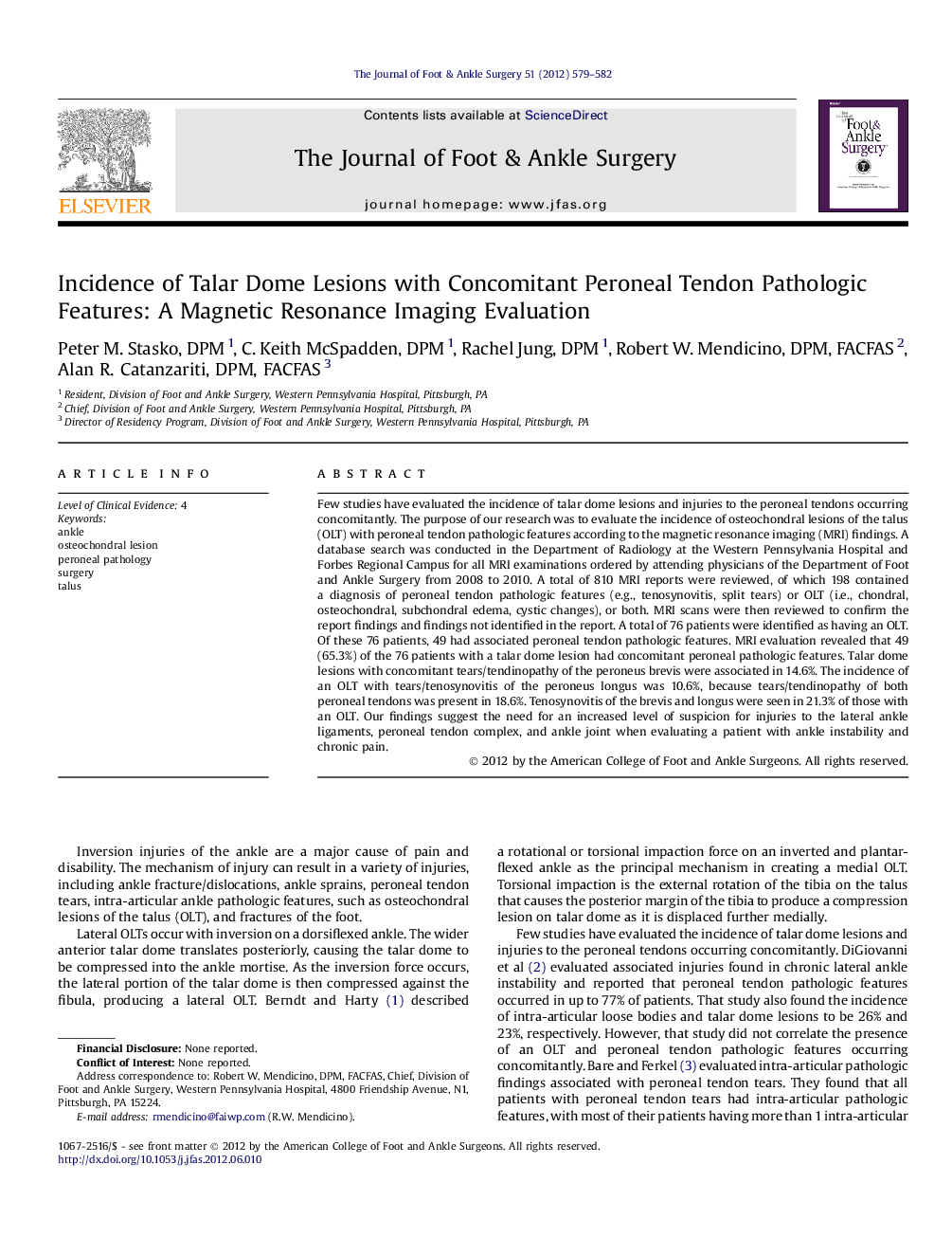 Incidence of Talar Dome Lesions with Concomitant Peroneal Tendon Pathologic Features: A Magnetic Resonance Imaging Evaluation 